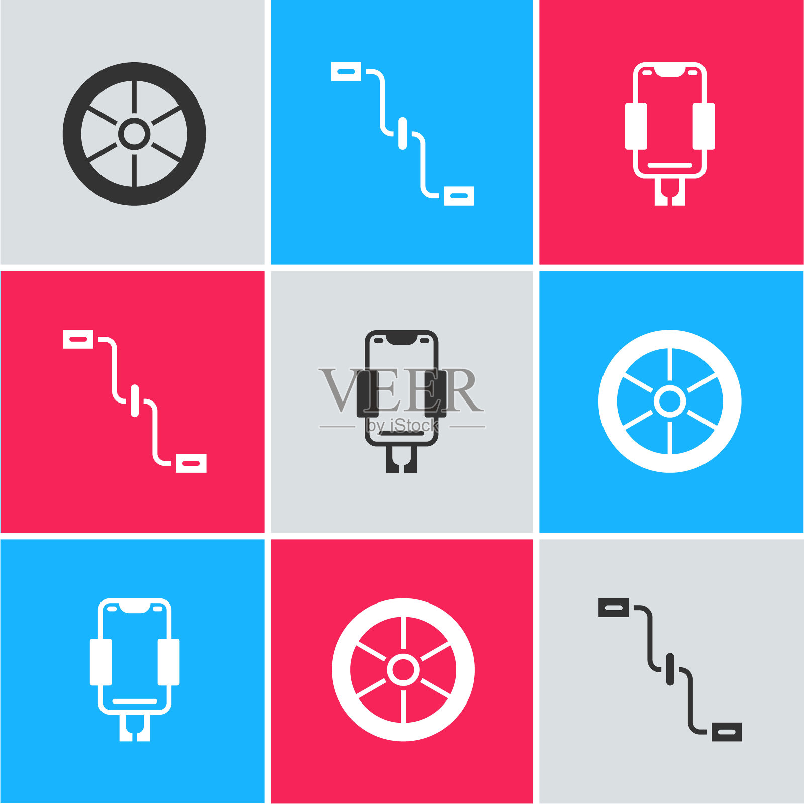 设置自行车车轮,踏板和移动支架图标。向量插画图片素材