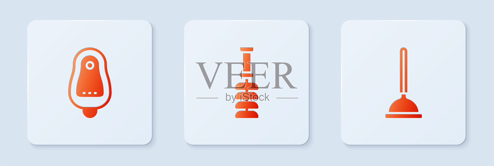 设有马桶刷、小便池或尿壶和橡胶柱塞。白色正方形按钮。向量插画图片素材