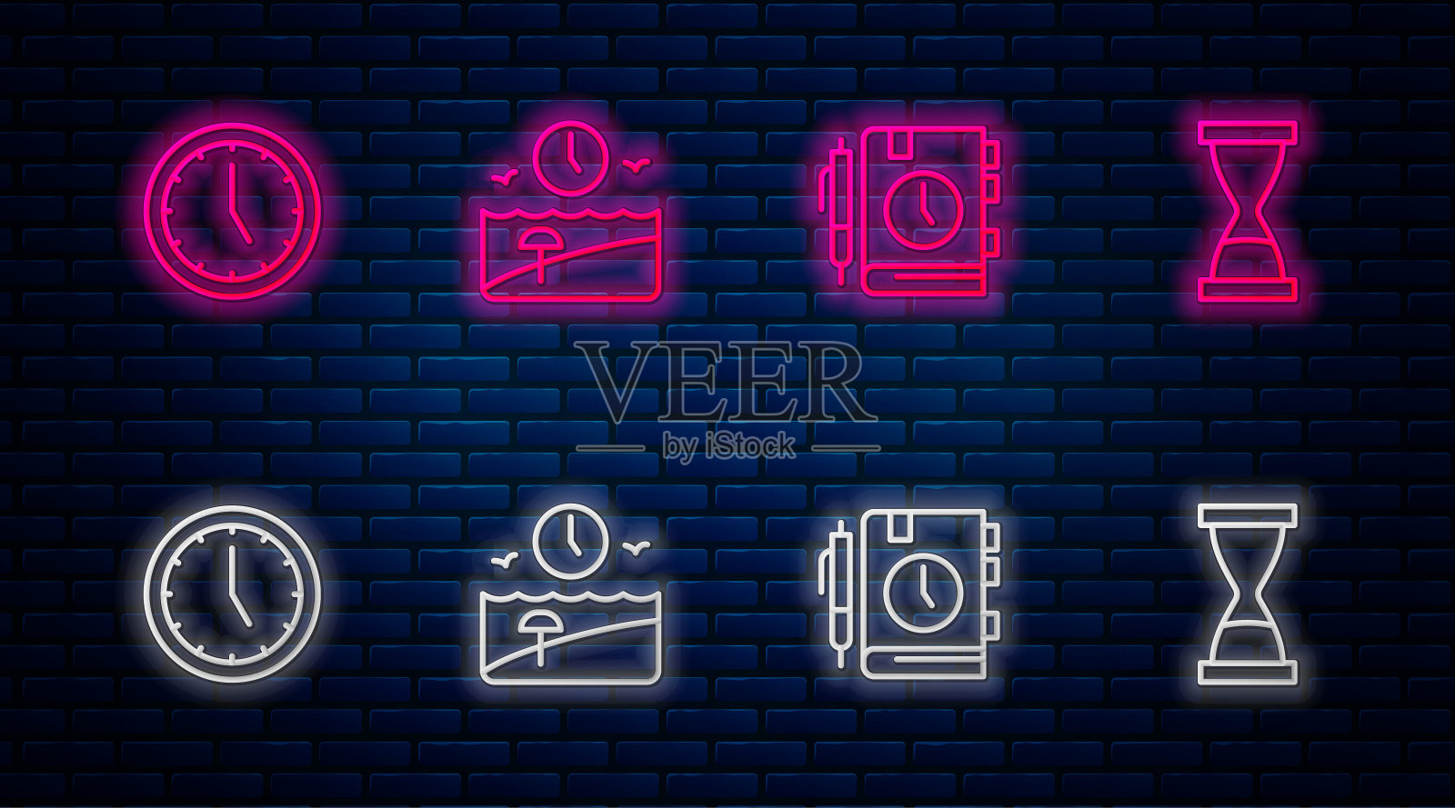 放假时间,日常记事本,时钟和沙漏。砖墙上发光的霓虹灯图标。向量图标素材