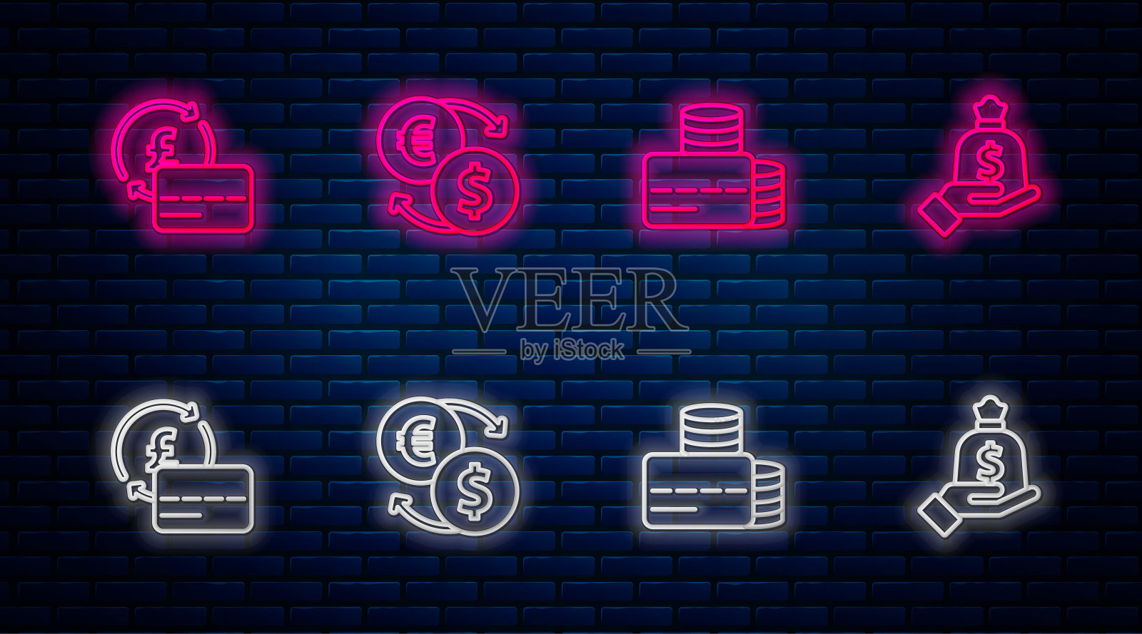 设线换钱、信用卡、手提式钱袋。砖墙上发光的霓虹灯图标。向量插画图片素材