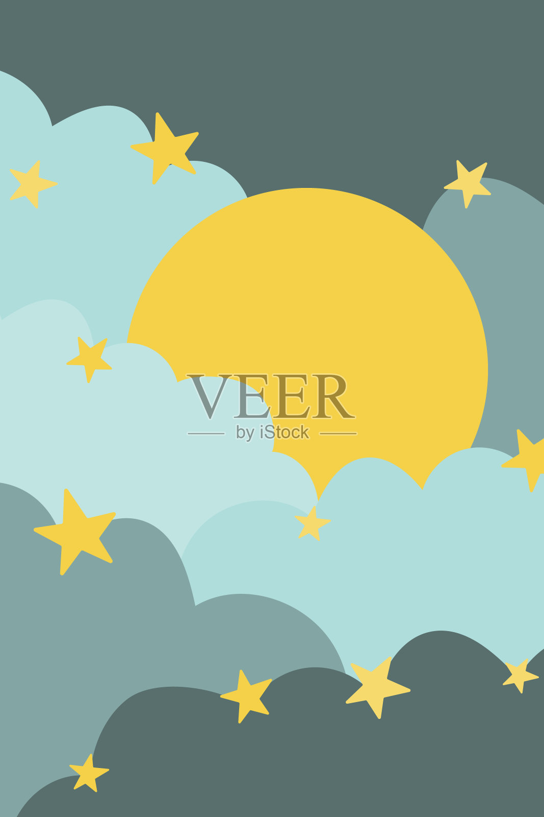 极简主义的夜空海报在蓝绿色和蓝色的颜色与一个大的黄色的月亮和星星,蓬松的云朵。插画图片素材