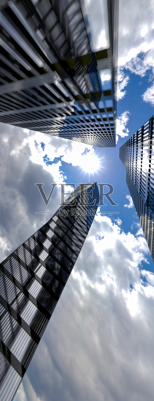 全景透视以钢浅蓝色为背景的玻璃高层建筑为未来的摩天大楼城市。工业技术架构的业务概念。3 d渲染。三维演示照片摄影图片