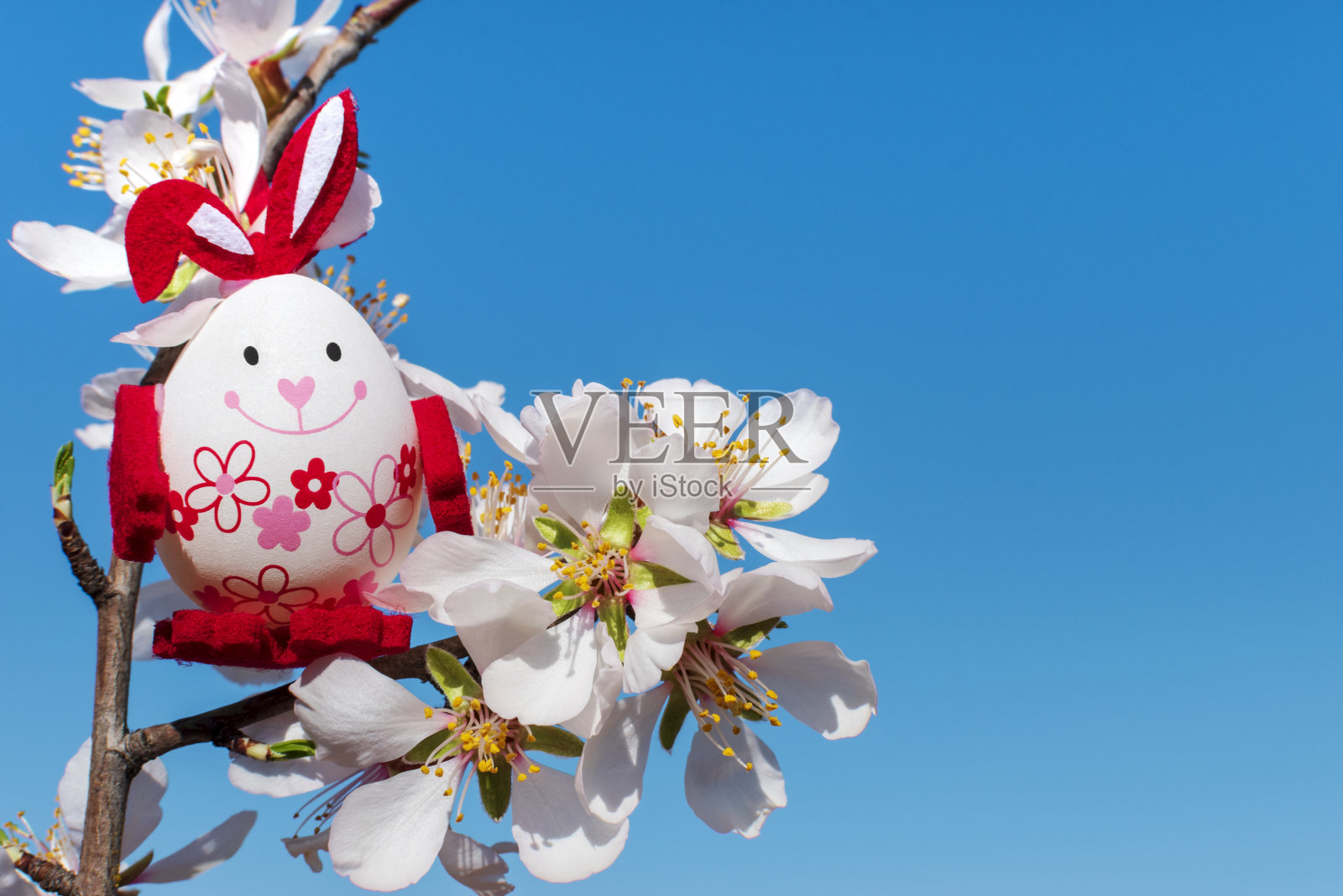 有趣的复活节彩蛋的形式,一个微笑的兔子在开花的树枝和蓝天的背景。复活节快乐照片摄影图片