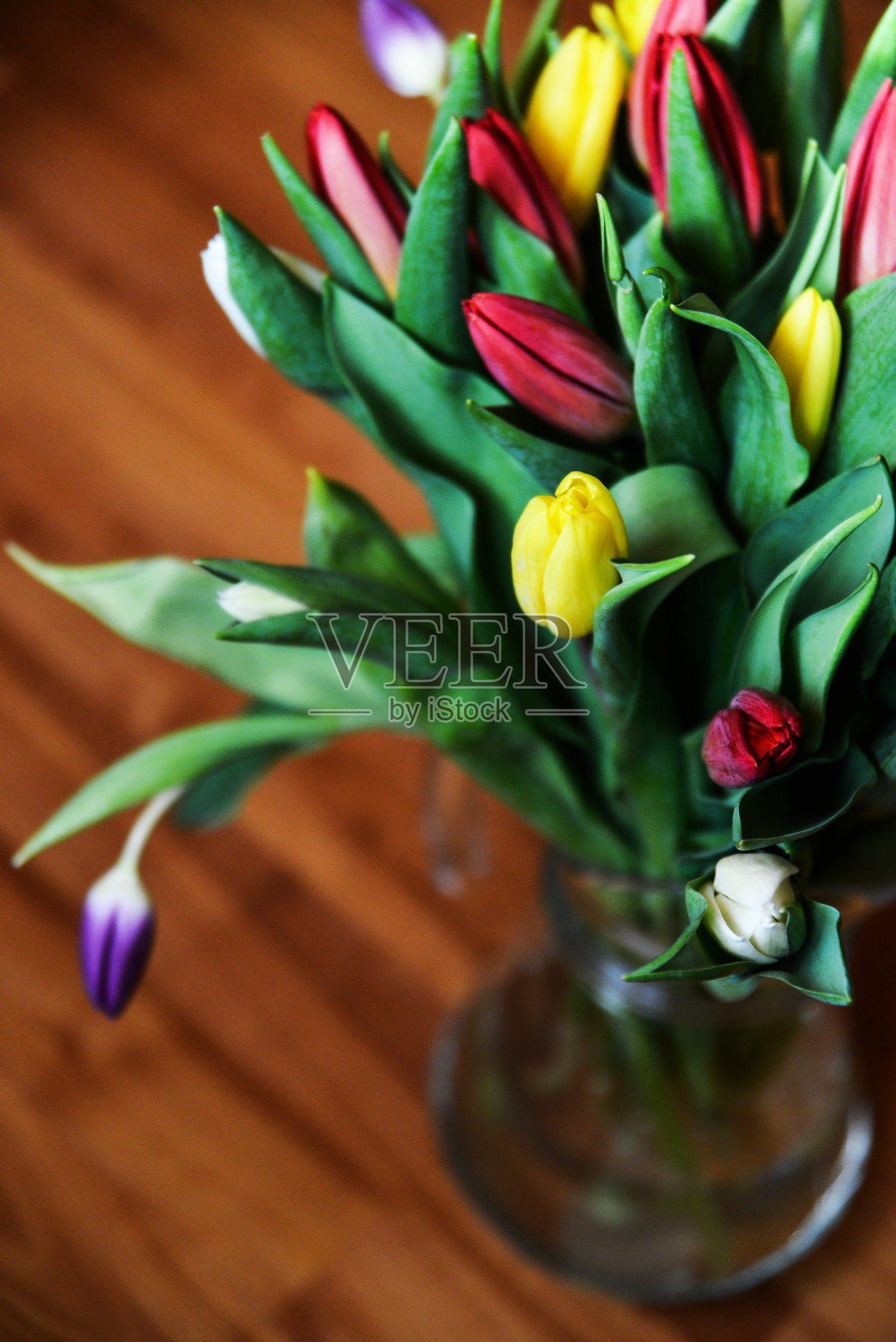 花卉背景:深色木质背景的玻璃花瓶里的一束彩色郁金香,明信片,空白,母亲节问候的动作捕捉,国际妇女节照片摄影图片