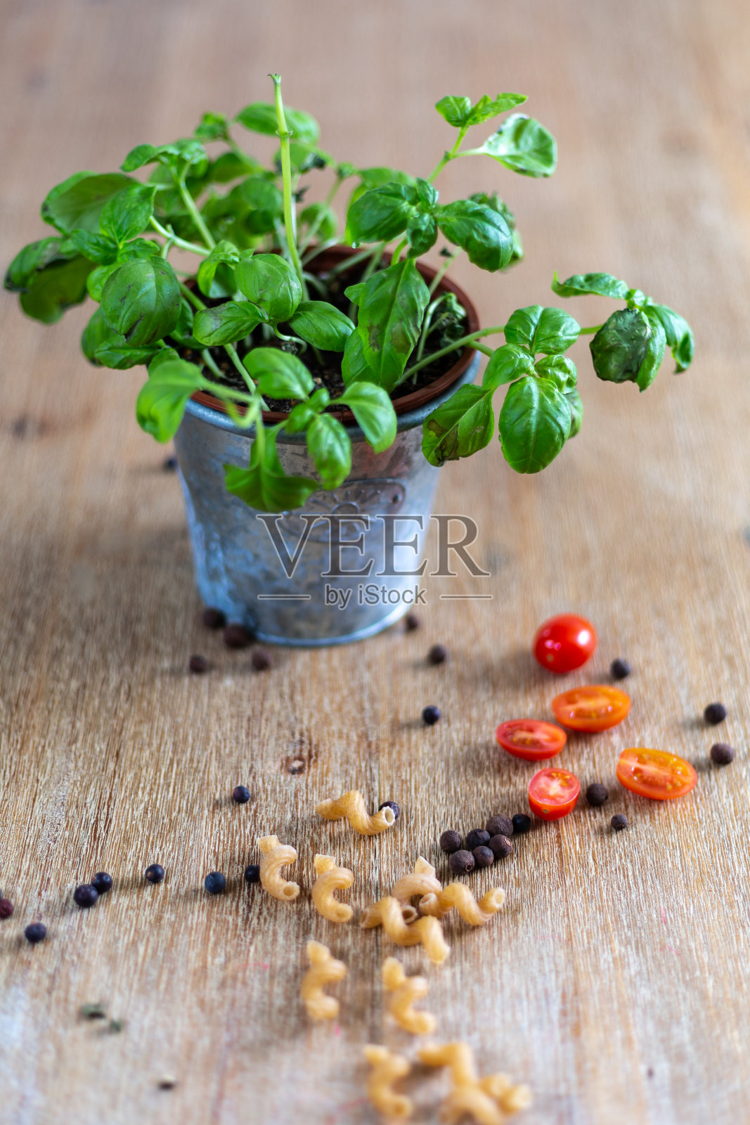 罗勒锅配香料,并安排番茄意面辣椒静物照片摄影图片