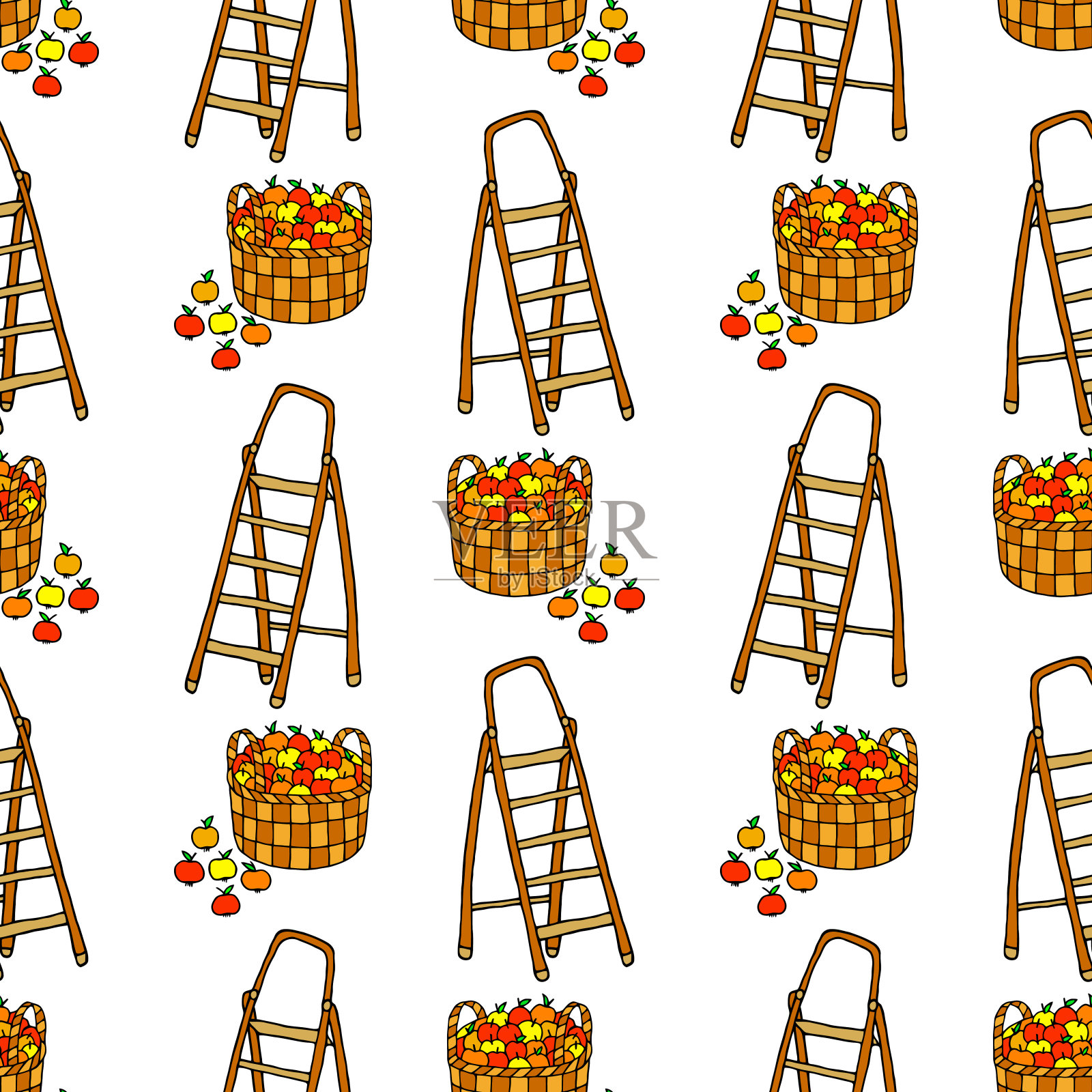 矢量无缝插图与篮子装满苹果和梯子在白色的背景。插画图片素材