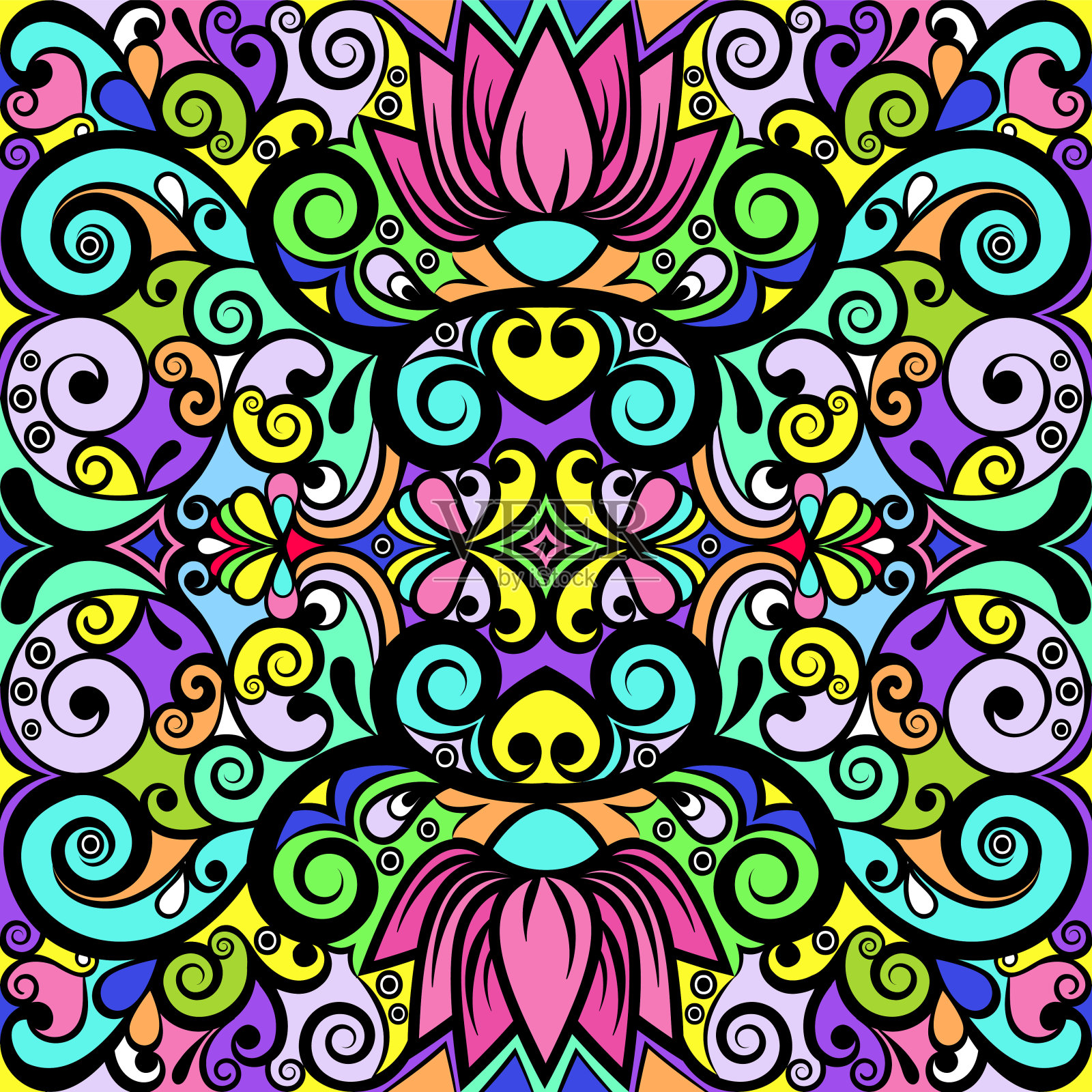 花卉抽象点缀,鲜艳多彩的图案,五彩缤纷的背景,民族窗饰,手绘。华丽的装饰与花朵和卷曲与黑色轮廓孤立。矢量图插画图片素材