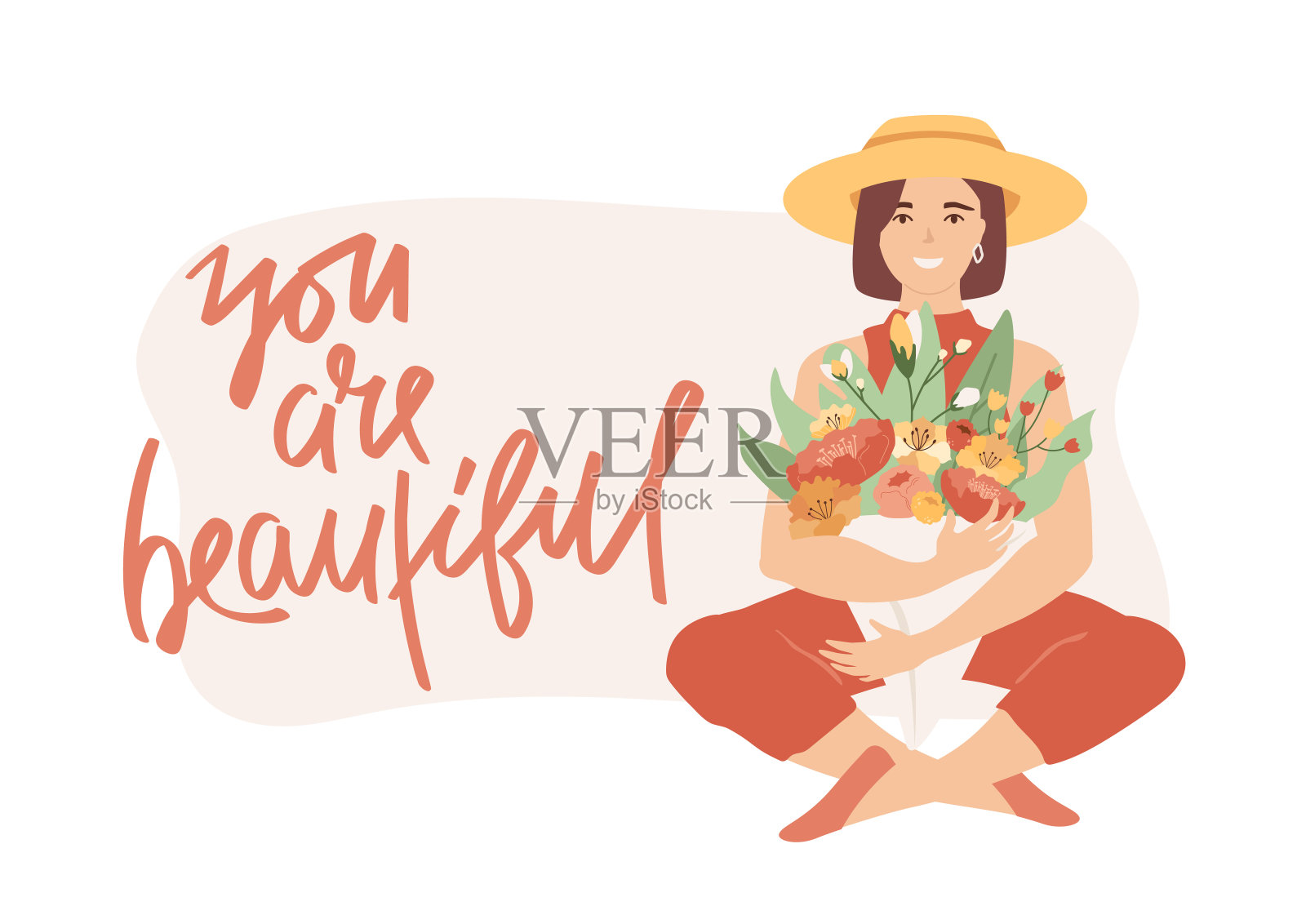 年轻女子戴着夏天的帽子坐着做瑜伽姿势,手里捧着茂盛的花束。横幅,卡片,传单与手绘文字你是美丽的。插画图片素材