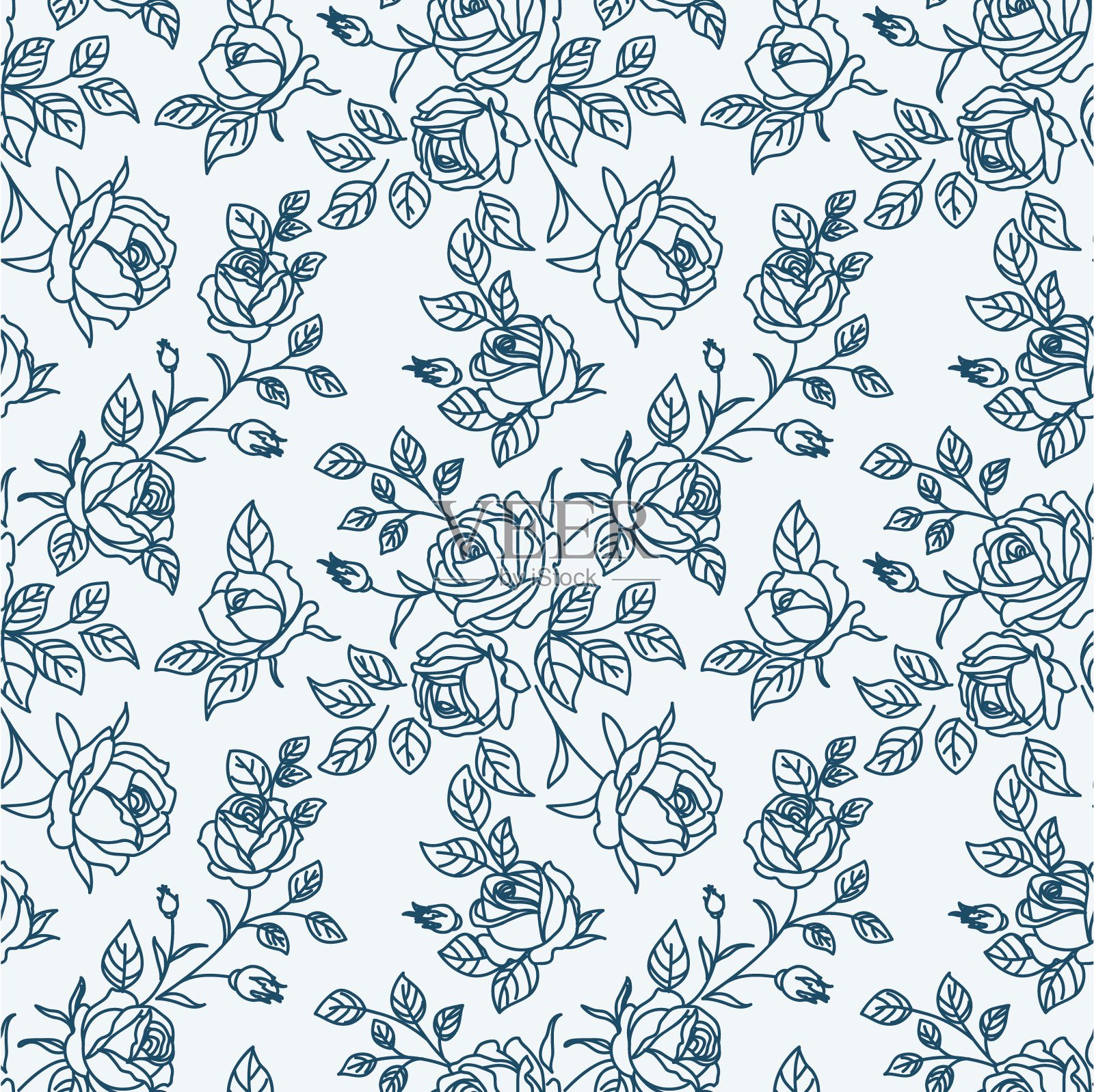 无缝图案与抽象的蓝色花园玫瑰,与芽和叶剪影。背景与盛开的轮廓花。复古花卉手绘墙纸。插画图片素材