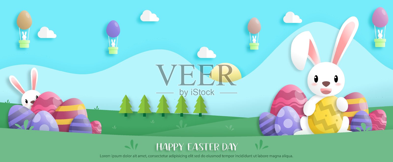 复活节快乐的纸艺术风格的兔子和复活节彩蛋。贺卡、海报和墙纸。横幅。矢量插图。插画图片素材