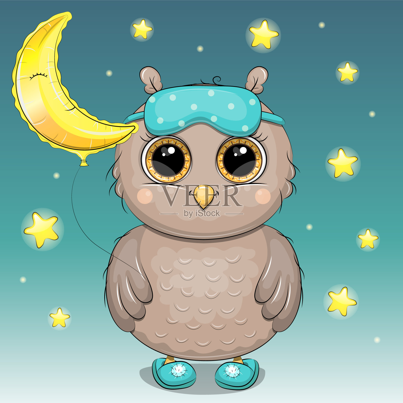 一只可爱的卡通猫头鹰戴着睡眠眼罩,穿着拖鞋,手里拿着一个气球。插画图片素材