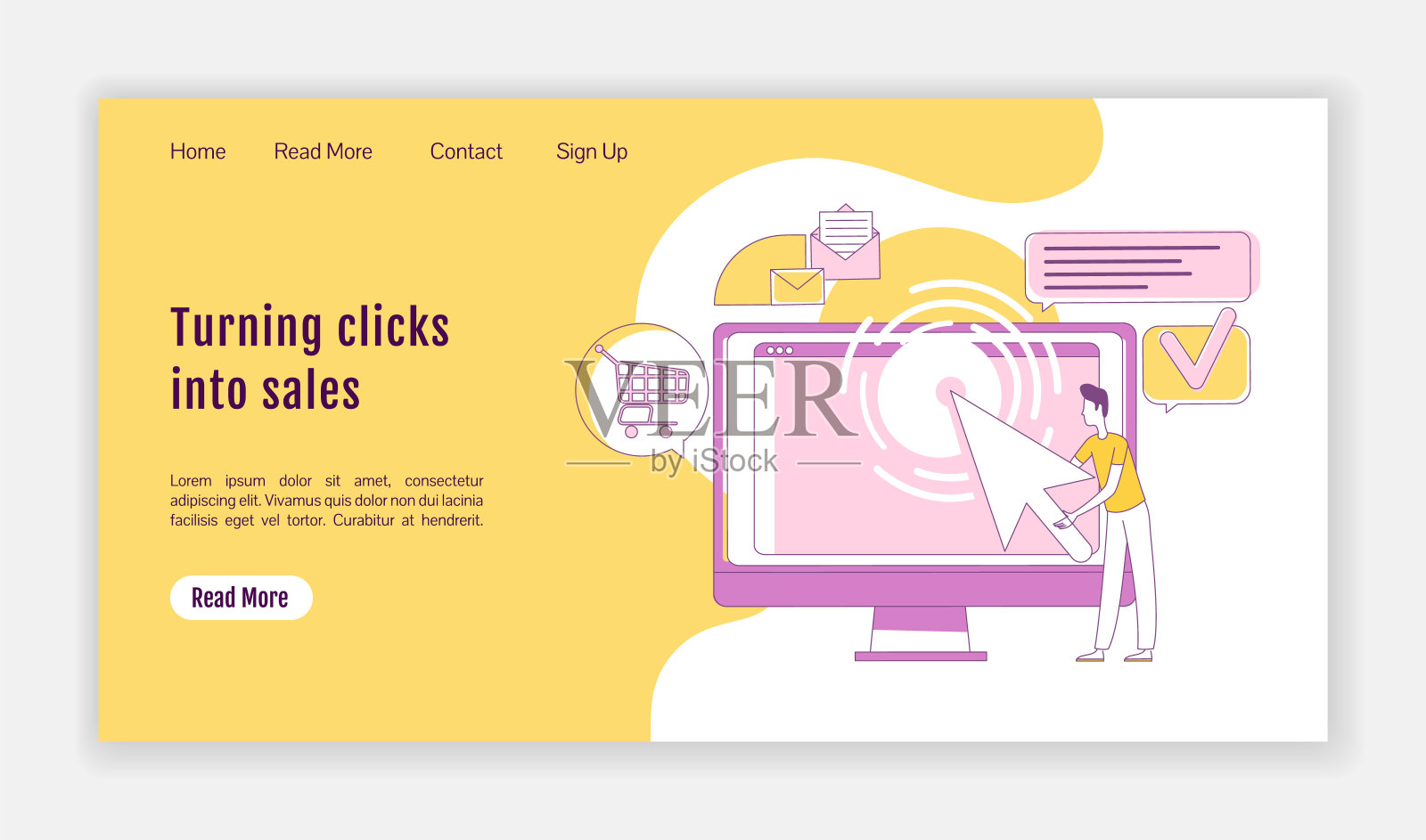 将点击转换为销售着陆页面平面轮廓矢量模板。PPC营销主页布局。一页网站界面与卡通轮廓字符。流量生成网页横幅、网页设计模板素材