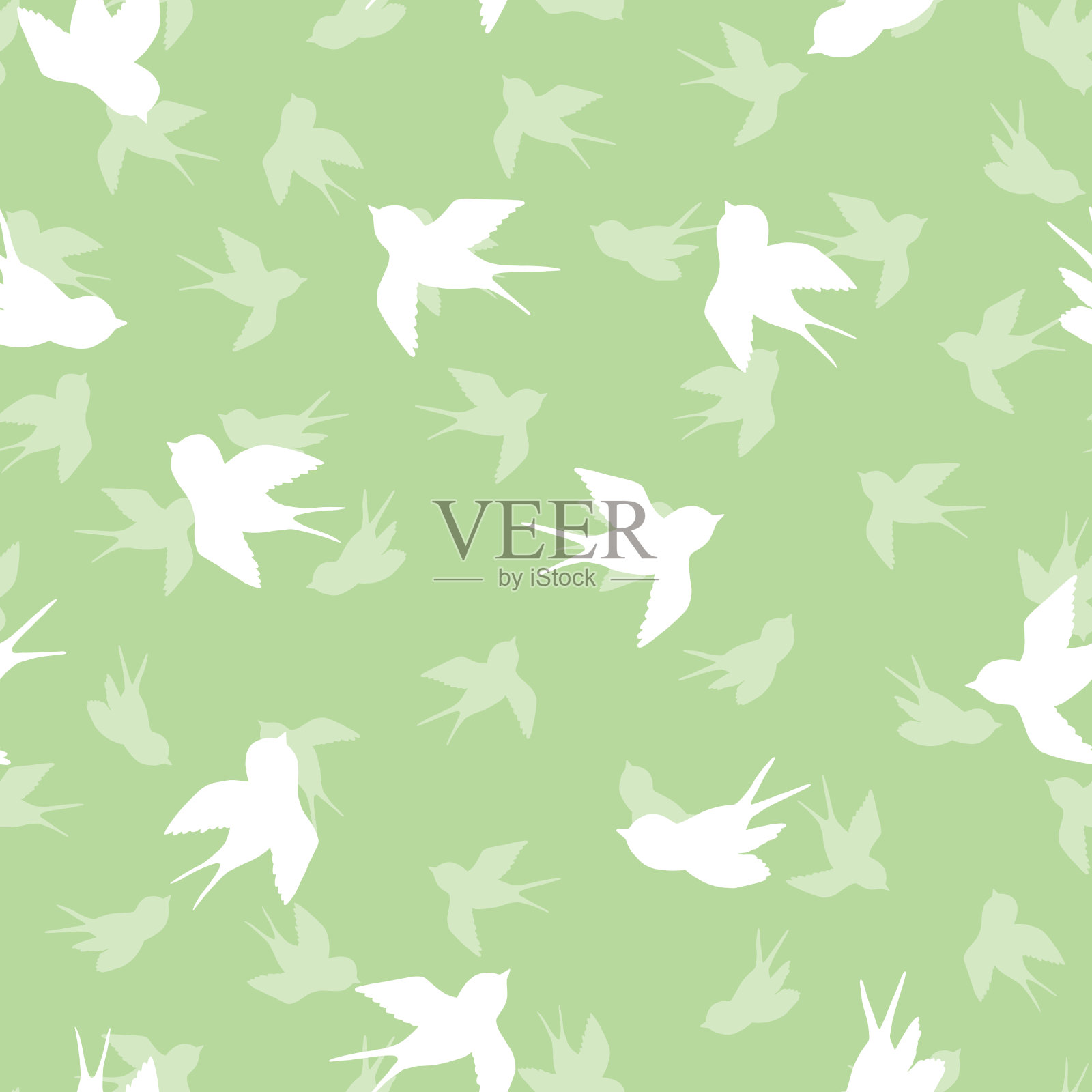 无缝图案与白色的燕子剪影在绿色的背景。可爱的小鸟在飞行。矢量插图。涂鸦风格。设计邀请,海报,卡片,织物,纺织品插画图片素材