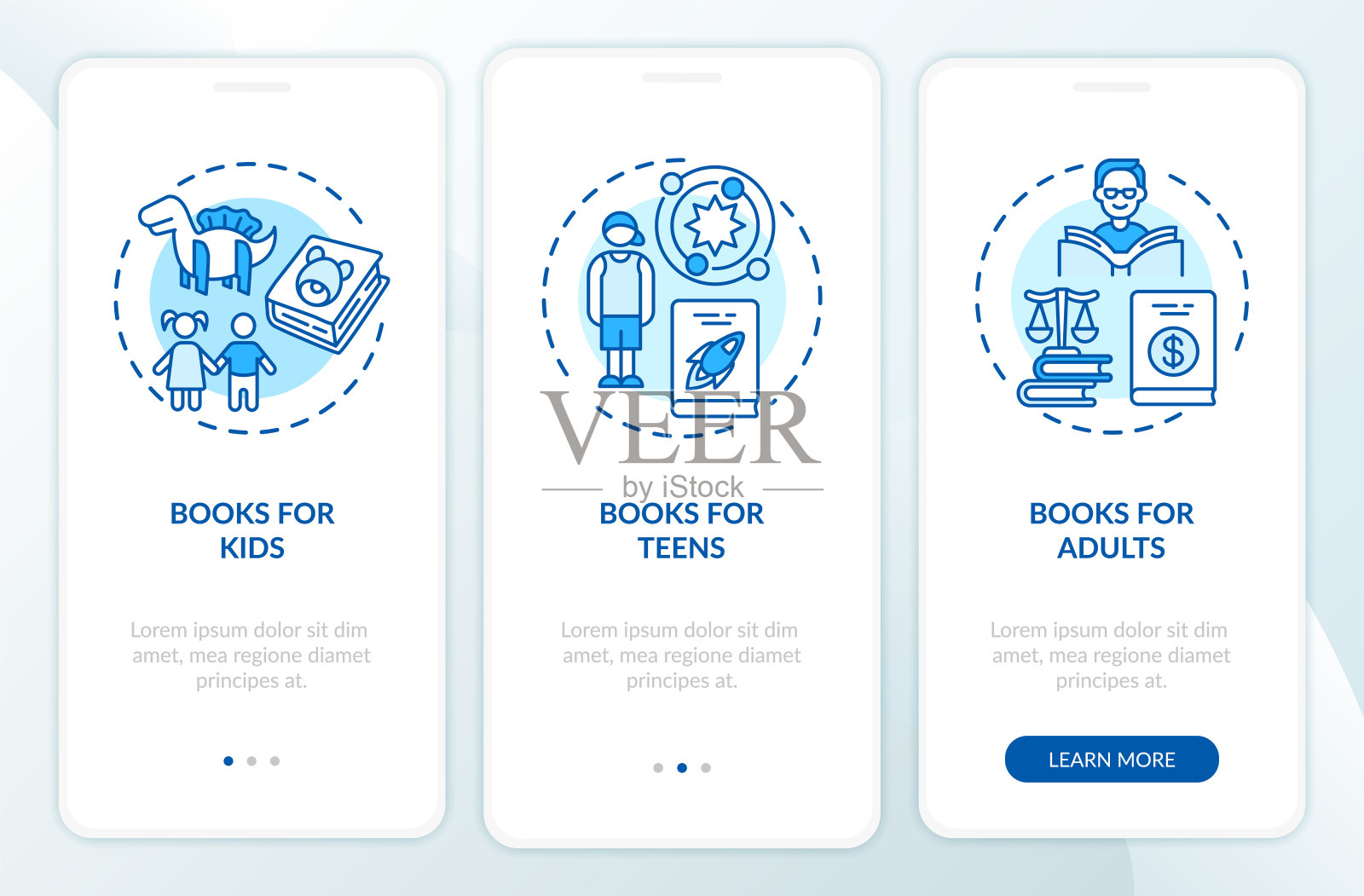 在线图书馆类别在移动应用程序页面屏幕上的概念设计模板素材