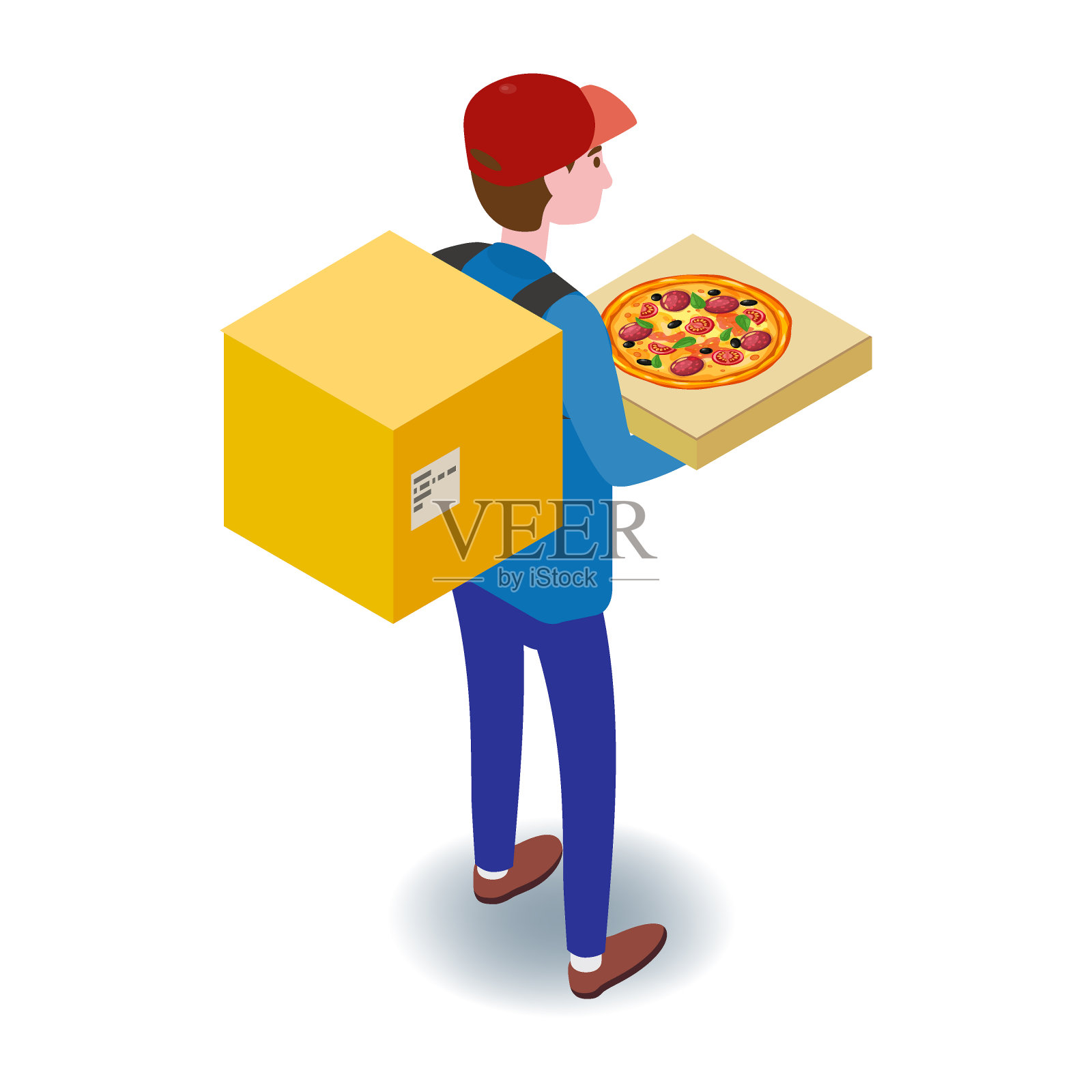 快递和披萨盒。披萨外卖服务等距概念。快速24号7号发货,网上点菜模板横幅。矢量图3d隔离插画图片素材