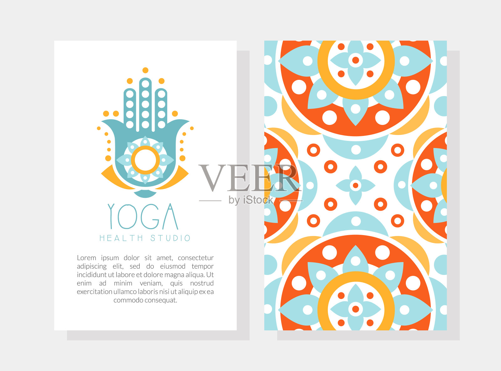 瑜伽健康工作室卡片,模板与正面和背面和民族图案,水疗中心,传统医学,冥想和精神实践手绘矢量插图设计模板素材
