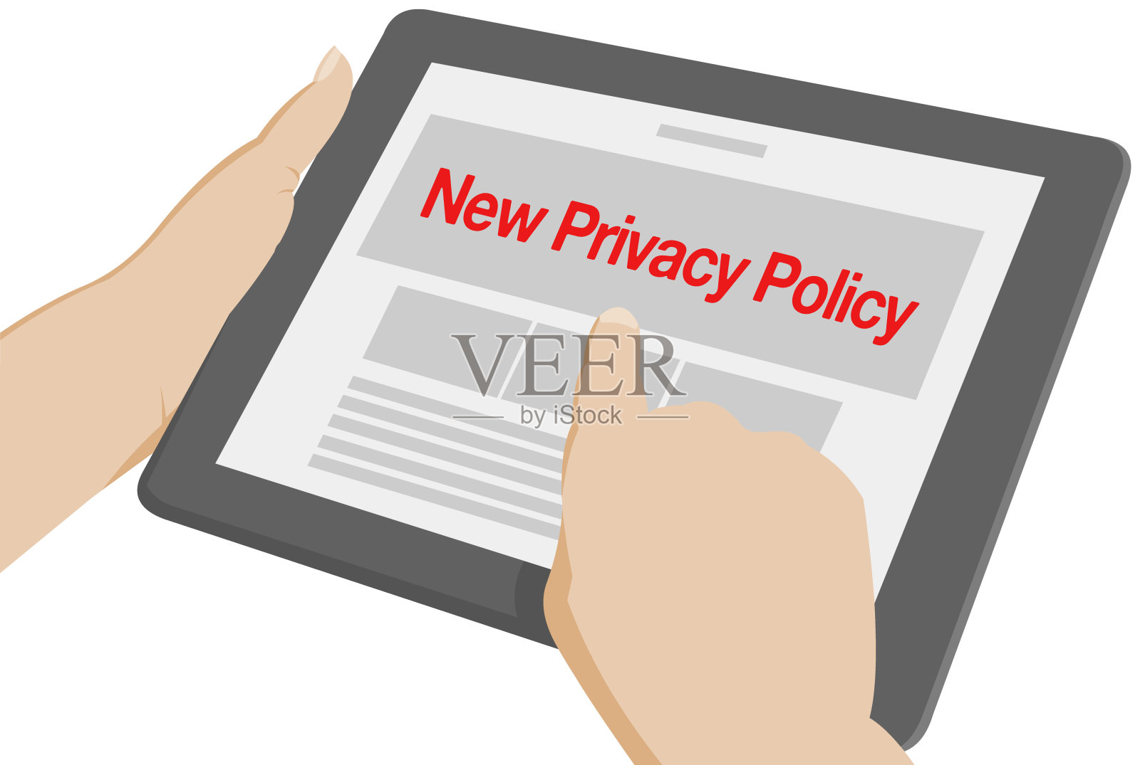新隐私政策写在孤立的卡通平板电脑与手。平面插图一个设备与新的个人信息术语。插画图片素材