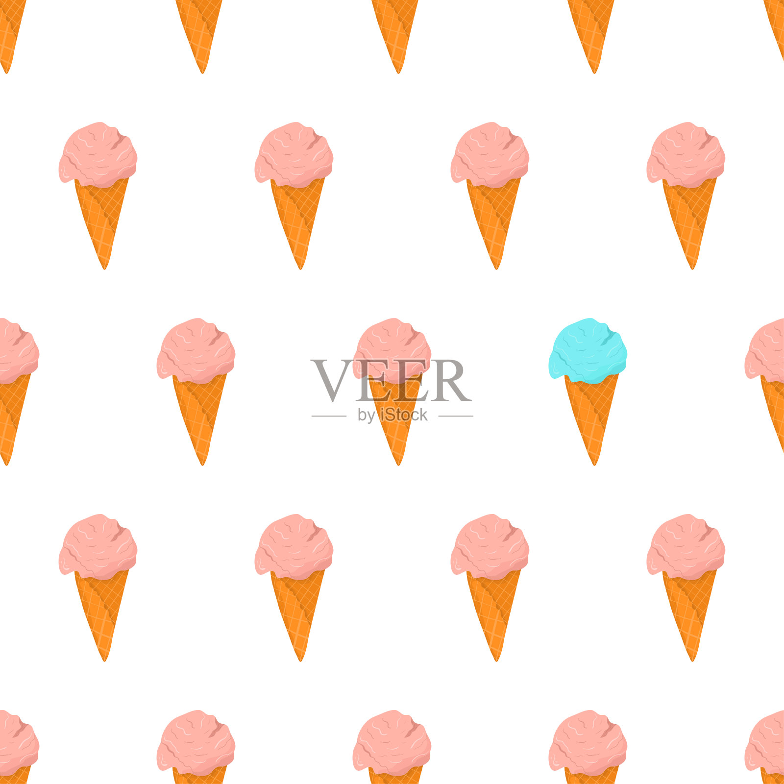 无缝图案与粉红色冰淇淋在华夫蛋筒,抢眼元素-蓝色冰淇淋。手绘矢量插图。夏天纺织品设计设计元素图片