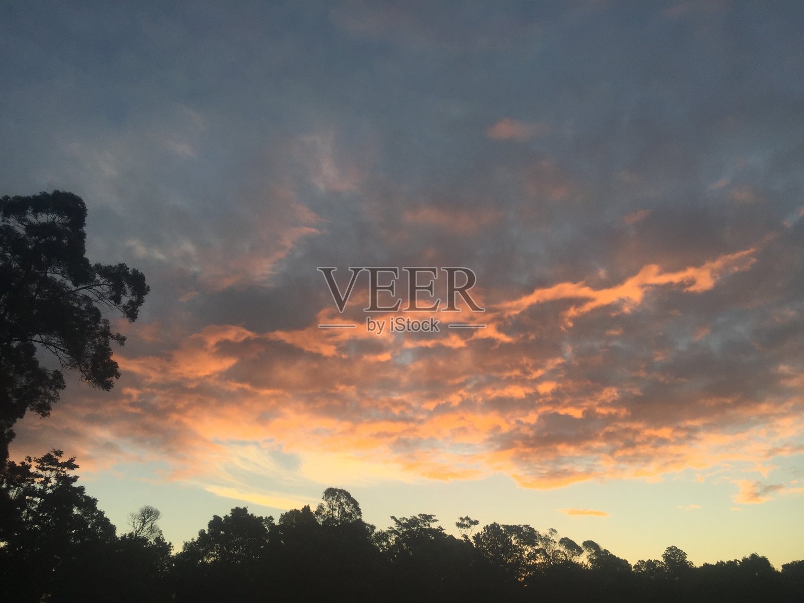 日落天空与心情云形成和树剪影轮廓照片摄影图片