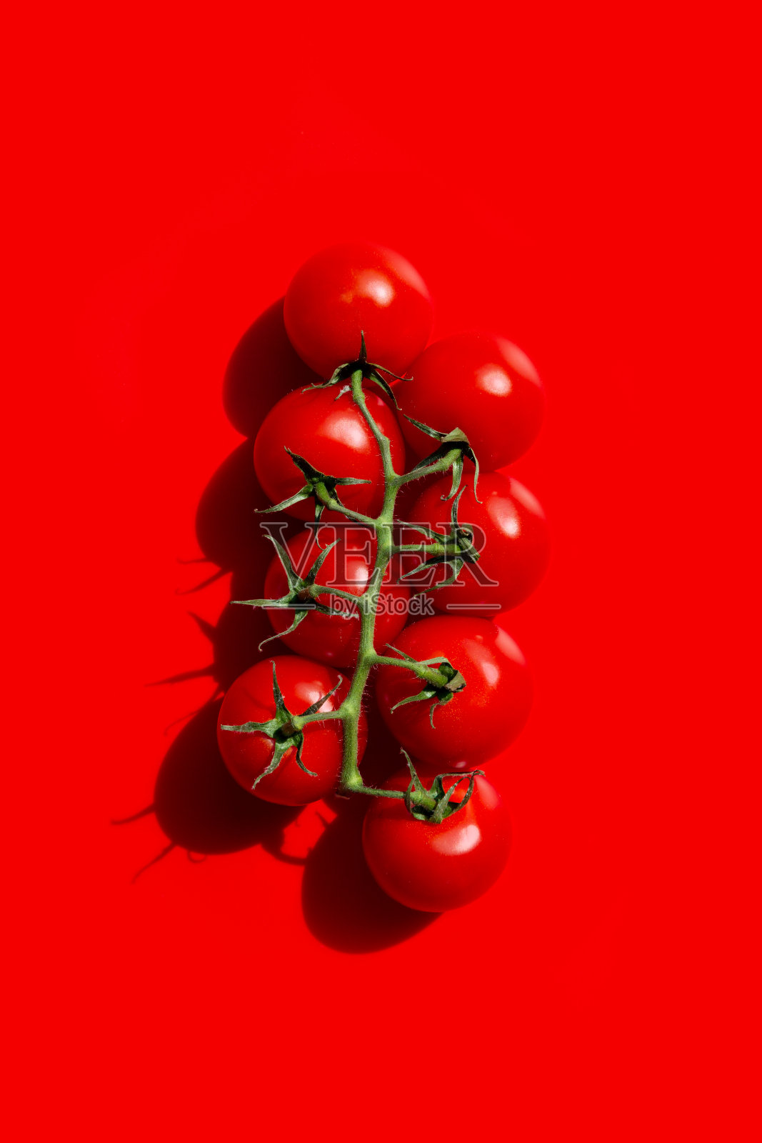一串新鲜的红樱桃番茄,绿色的茎。硬光。副本的空间。俯视图照片摄影图片