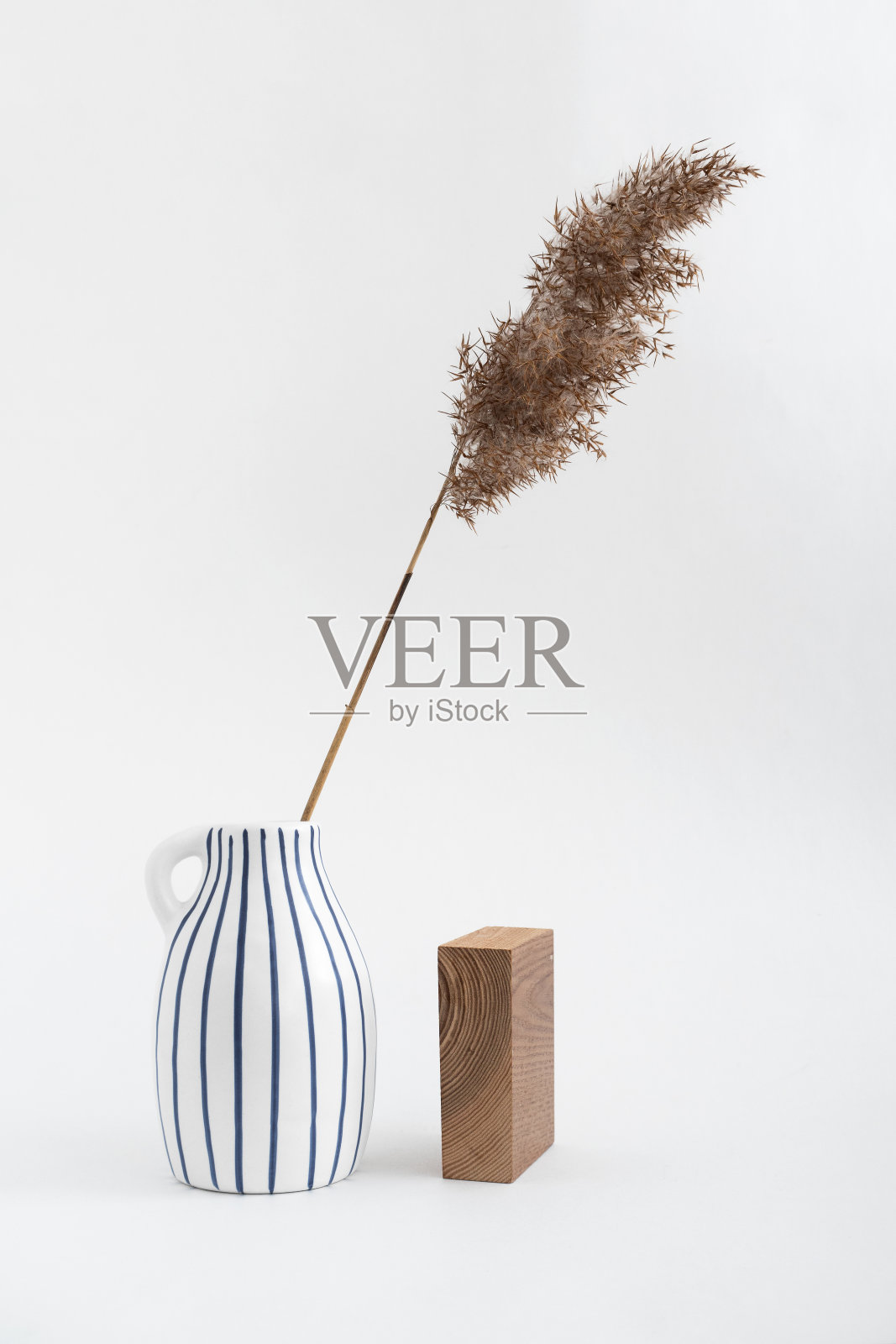 白底长方形木块,陶罐上的浅褐色干苇枝。趋势极简平衡构图。波西米亚或斯堪的纳维亚风格的海报在现代家庭室内。照片摄影图片