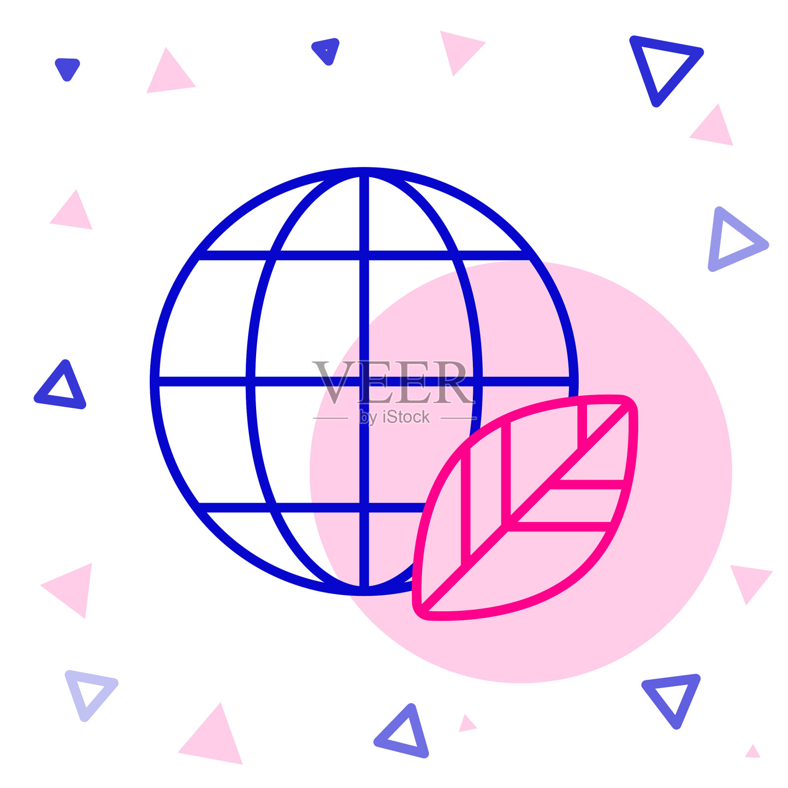 线地球仪和叶子图标孤立在白色插画图片素材