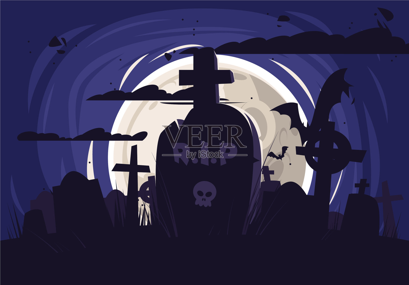 墓地剪影与墓碑插画图片素材