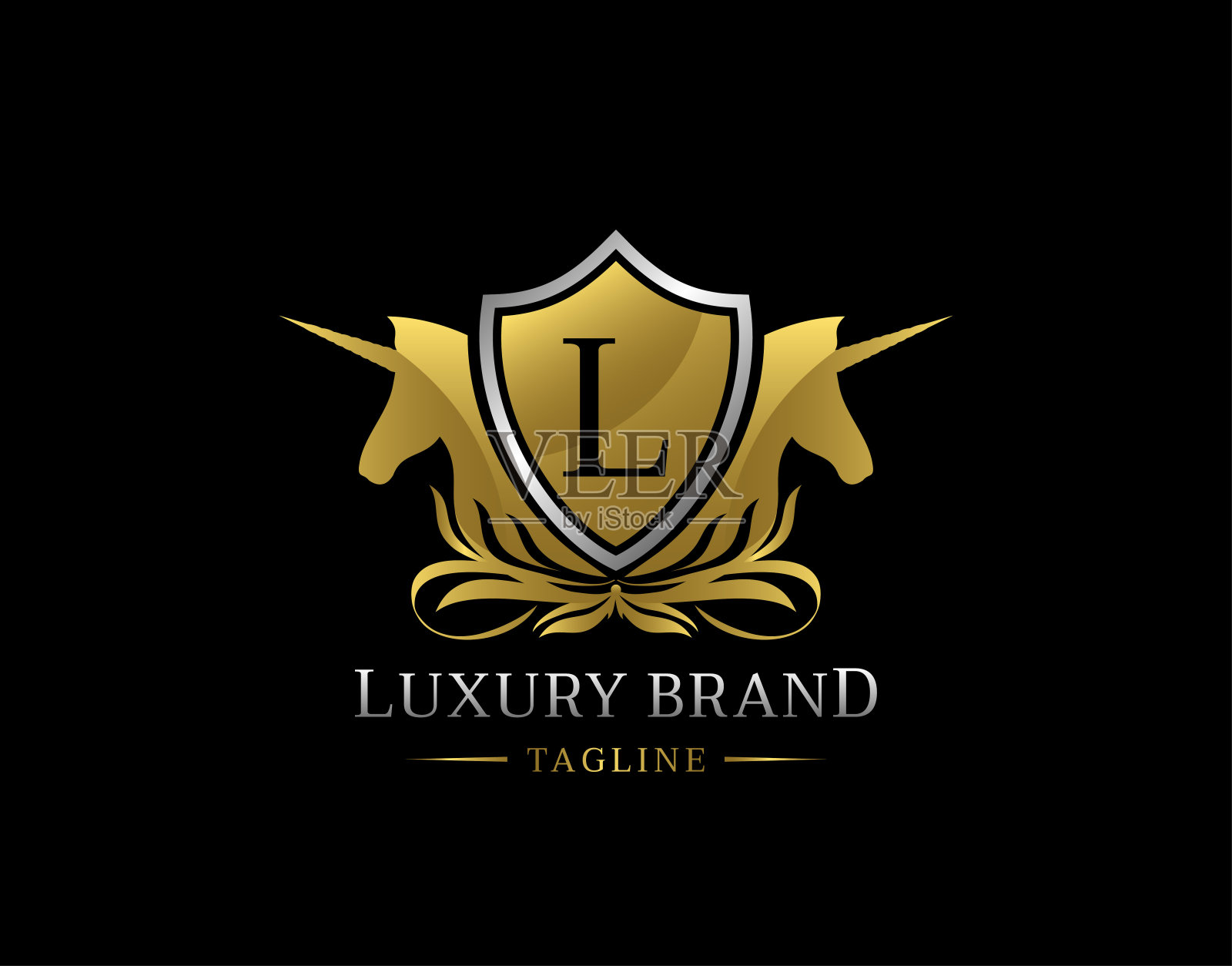 皇家独角兽L字母金盾矢量设计。插画图片素材