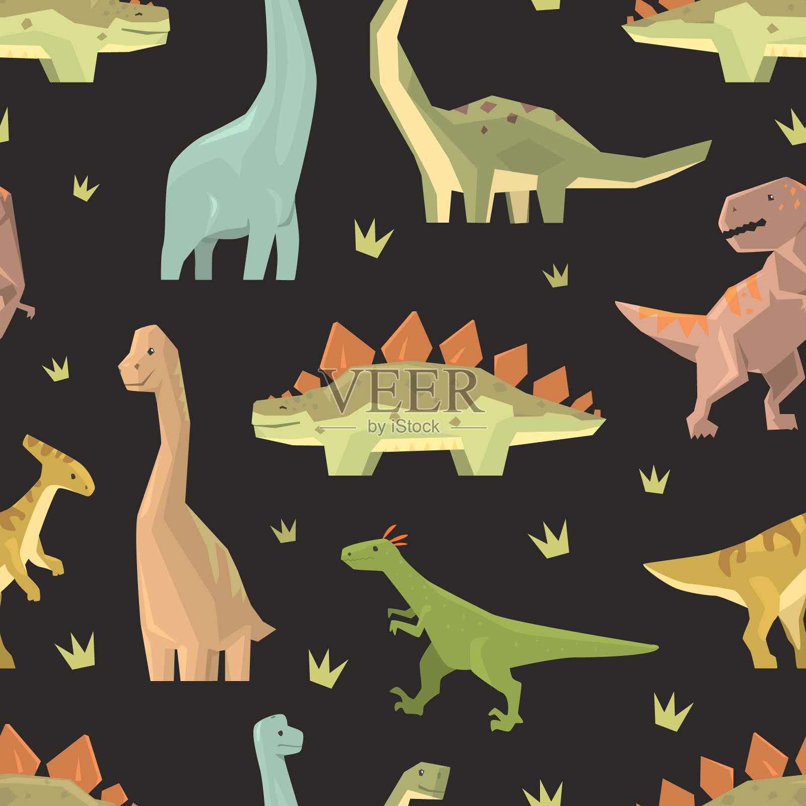 幼稚的恐龙无缝图案,可爱的史前动物无休止重复打印背景,壁纸,纺织品,包装矢量插图插画图片素材