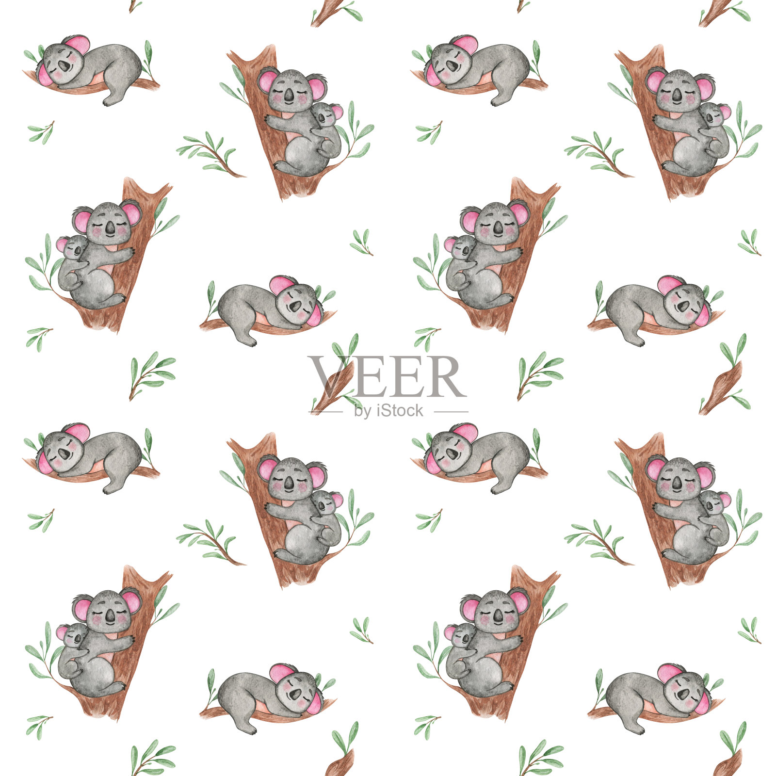无尾熊无缝图案水彩画,澳洲动物重复背景,可爱的小动物,无尾熊与幼崽,儿童剪贴纸,宝宝淋浴,儿童,托儿所墙纸,包装,纺织品图案设计,织物印花插画图片素材
