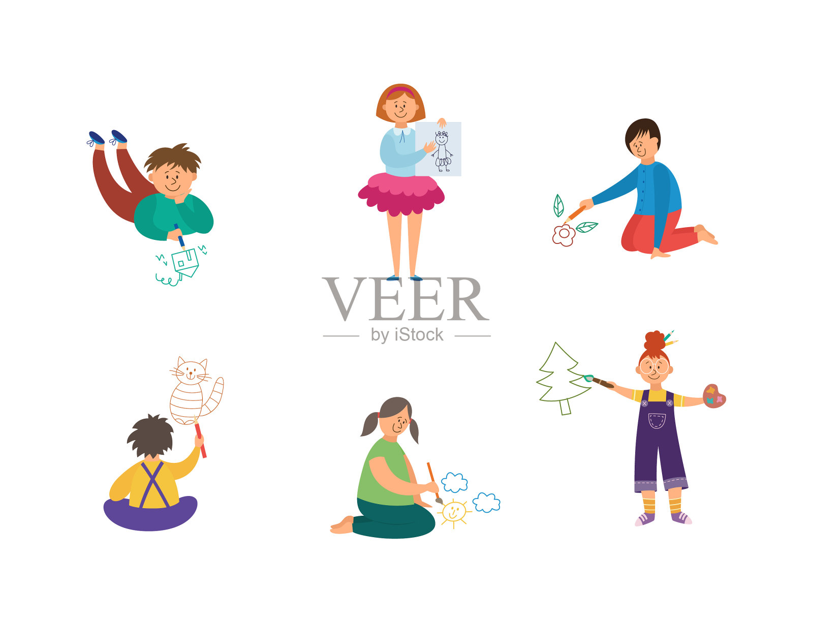 儿童用蜡笔画画-孤立的一套插画图片素材