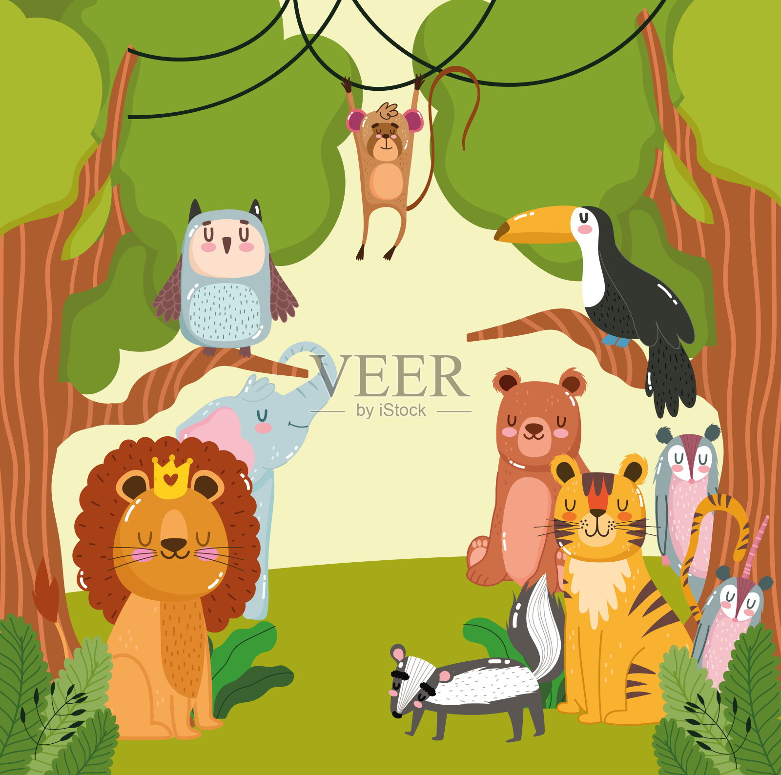 丛林动物卡通插画图片素材