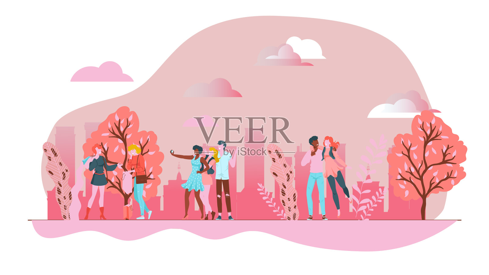 春天的粉红公园与人们的户外都市趣事插画图片素材