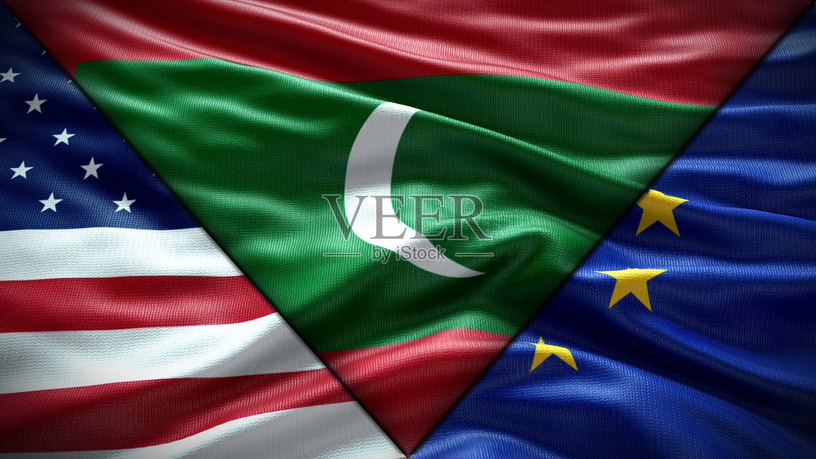 美国国旗和欧盟国旗和马尔代夫国旗挥舞着纹理天空云和日落三面国旗照片摄影图片