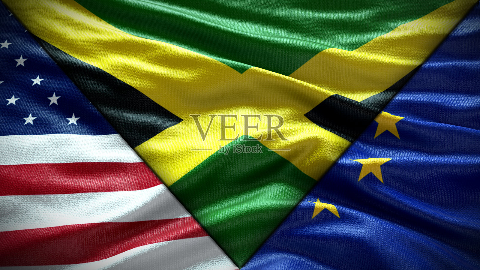 美国国旗、欧盟国旗和牙买加国旗飘扬着纹理天空云和日落三面国旗照片摄影图片