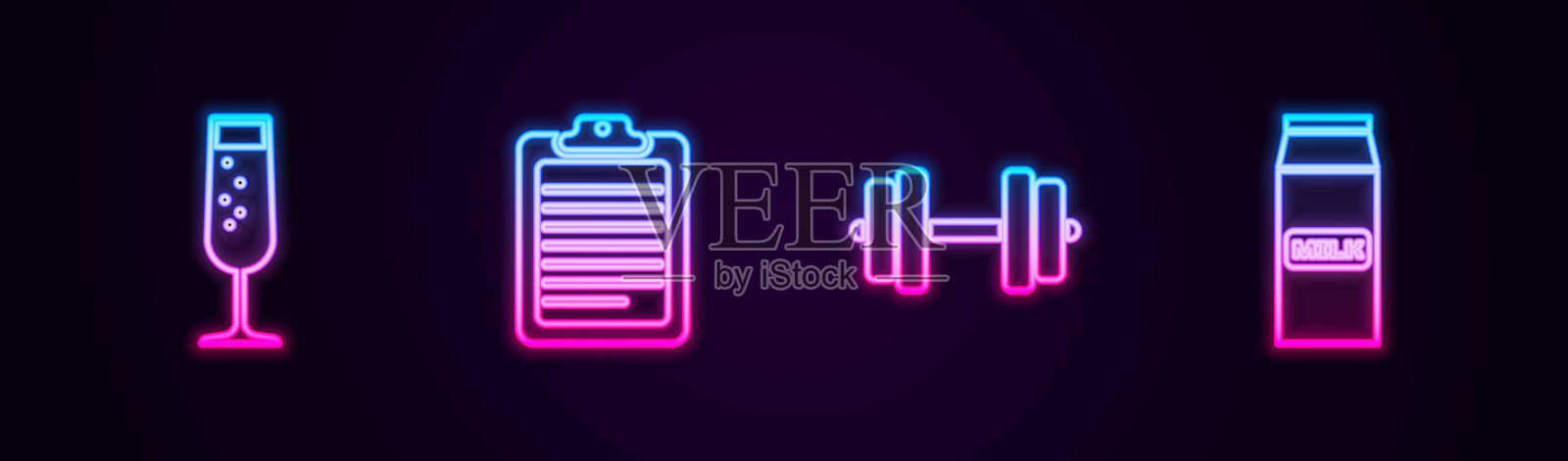设置直线杯香槟,剪贴板与文件,哑铃和纸包牛奶。发光的霓虹灯图标。向量插画图片素材