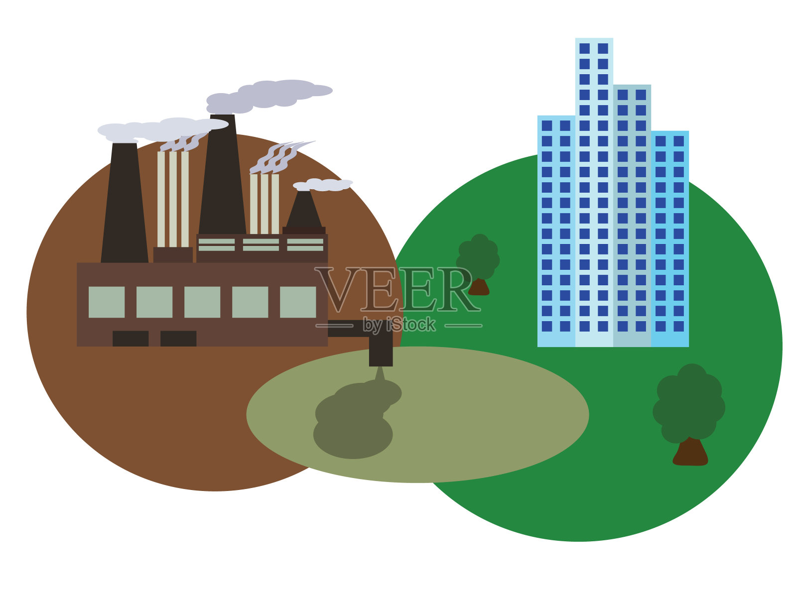 工业对人类和自然造成的环境灾难。这家工厂在城市和森林附近排放废物。插画图片素材