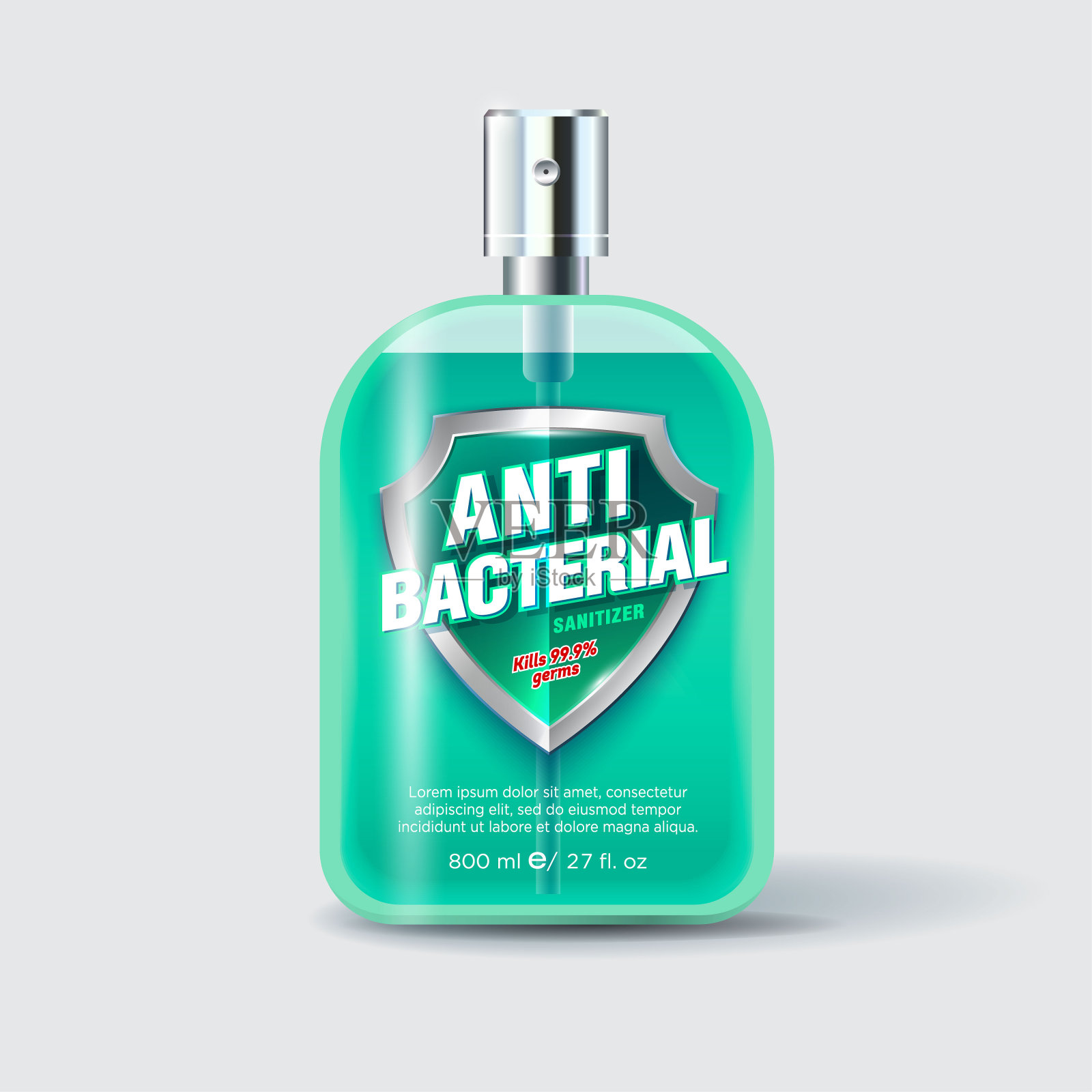 抗菌消毒剂标签及包装。瓶子与分配器和透明液体。插画图片素材
