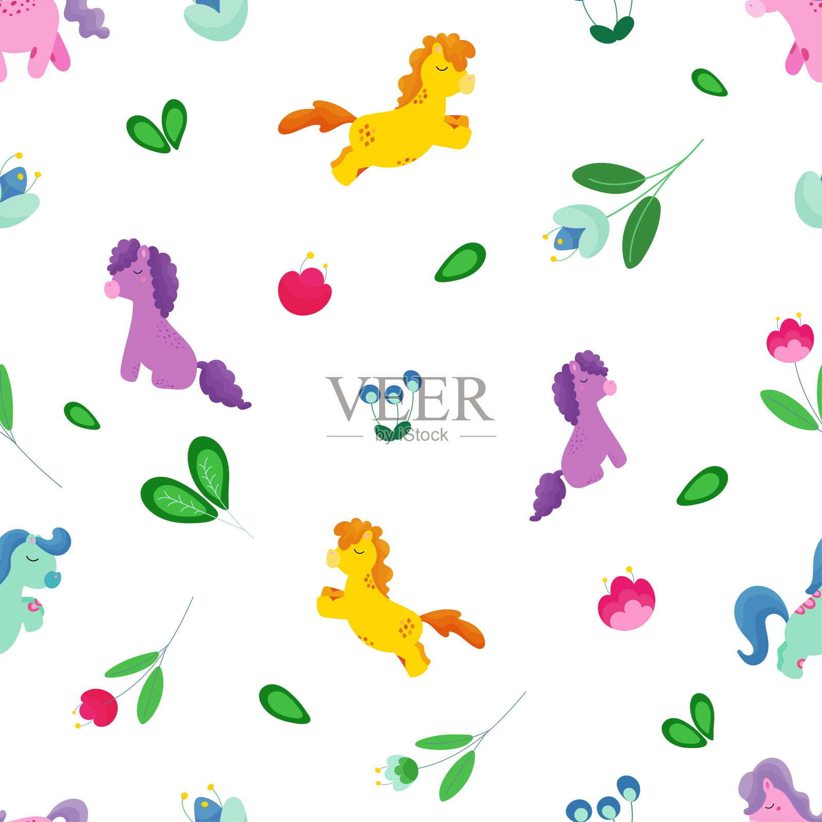 无缝的儿童背景与仙女小马,鲜花和树叶。矢量图插画图片素材