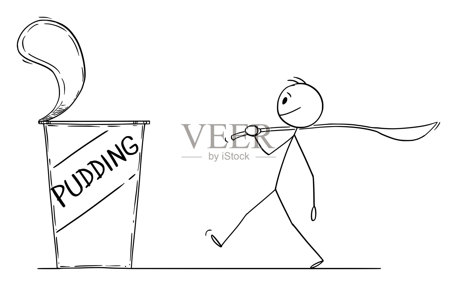 一个拿着大勺子走路吃布丁的人。食物与饮食的概念。矢量卡通Stick Figure插图插画图片素材