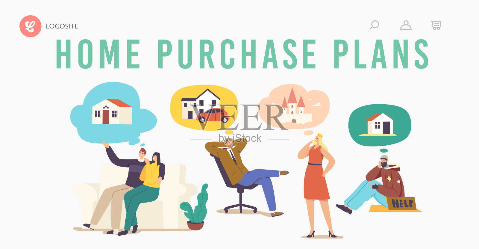 购房计划登陆页模板。人物梦的房子。多元化人士商人,流浪汉想象屋插画图片素材