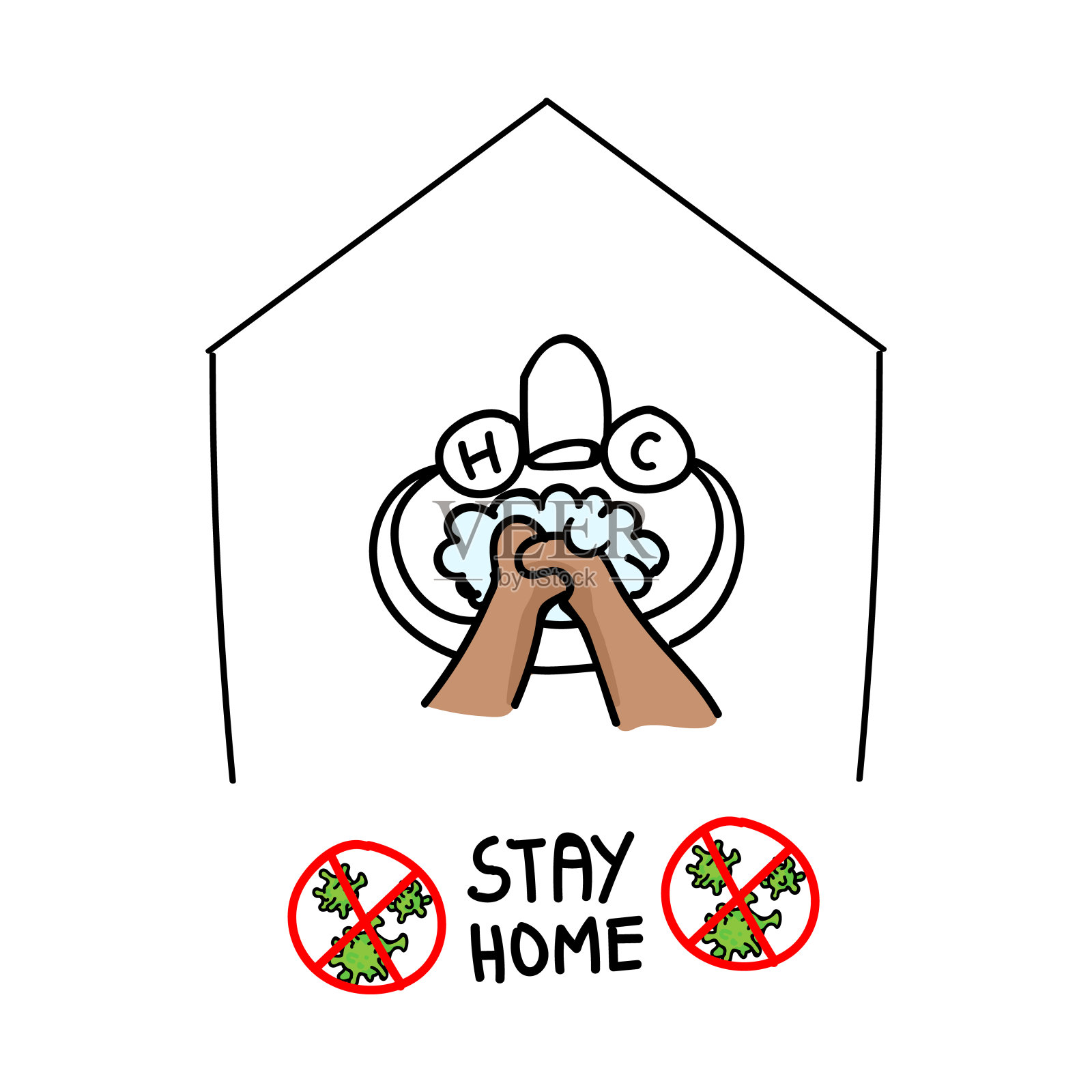 冠状病毒covid - 19自我隔离可爱的兔子家庭信息图表标志。新闻广播隔离支援医学的海报。横幅黑白色。病毒隔离信息。谨慎的支持帮助插画图片素材