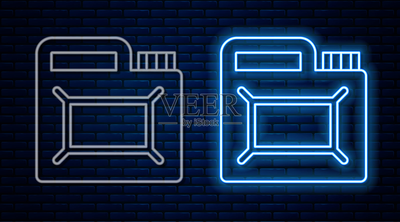 发光的霓虹灯线筒,用于电机机油图标隔离在砖墙背景上。油价每加仑。换油服务和维修。机油的迹象。向量图标素材