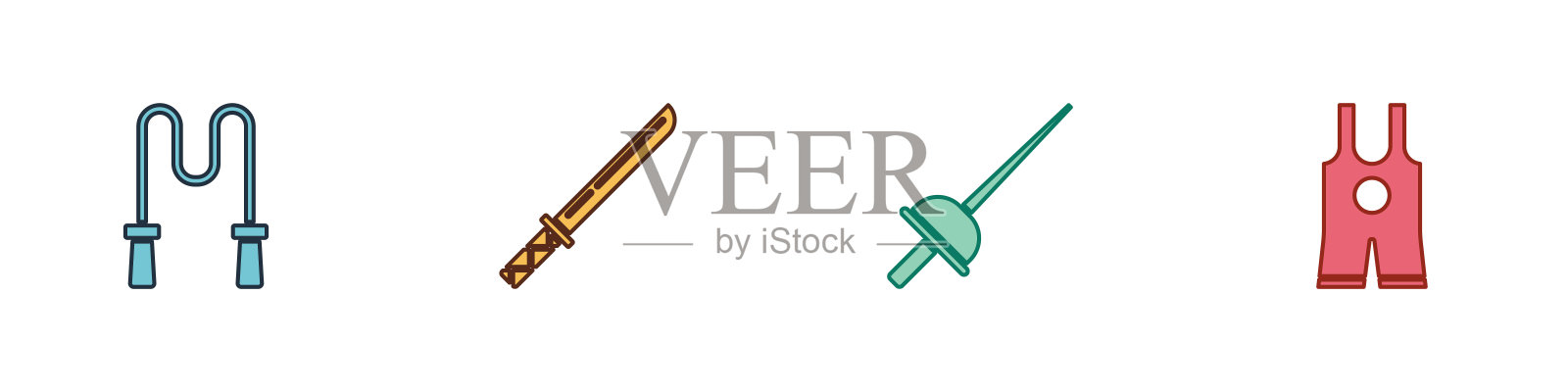 设置跳绳,日本武士刀,击剑和摔跤单件图标。向量图标素材