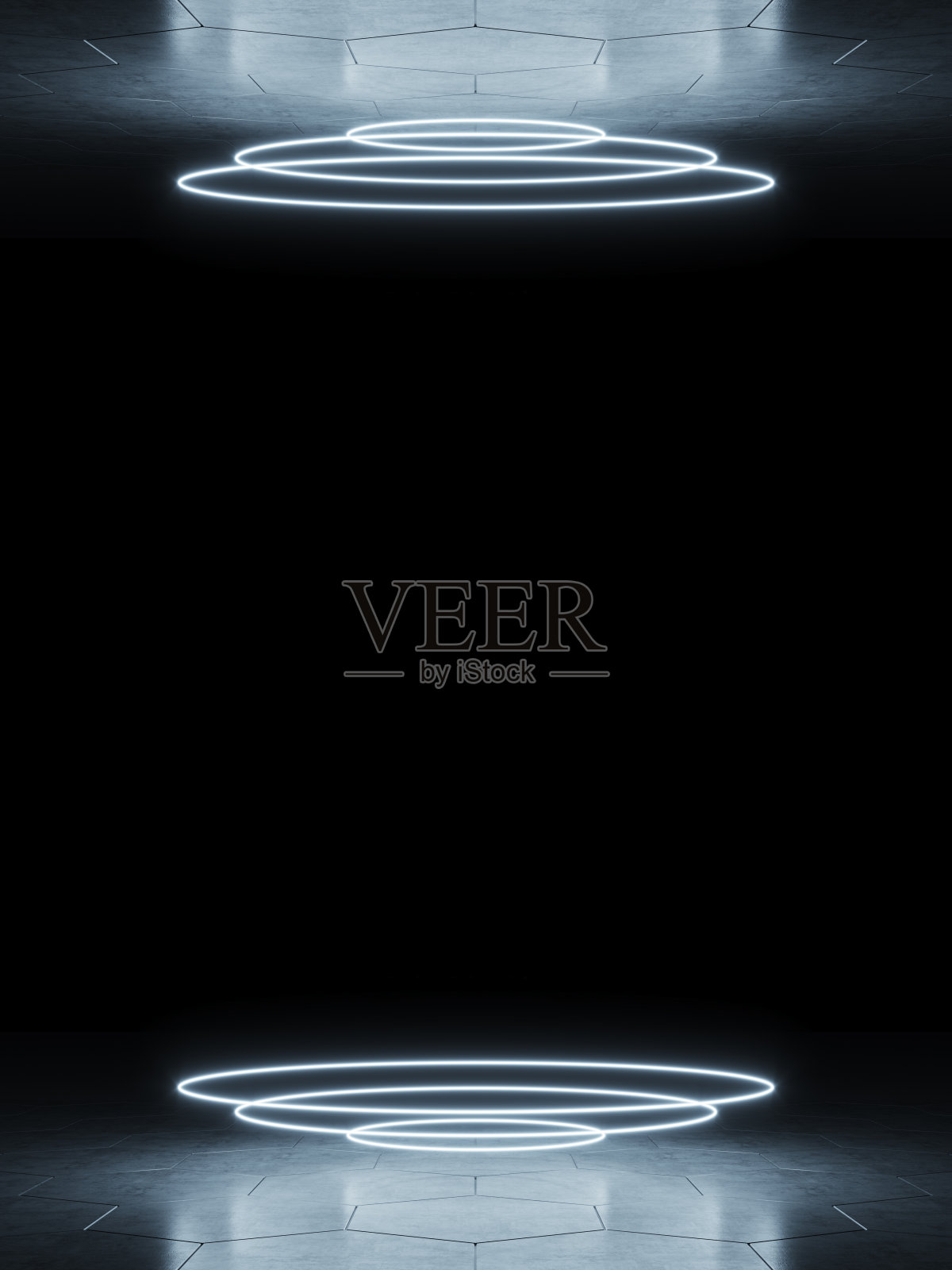 现代的空白抽象背景,由白色的垂直圆形霓虹灯照明/地板和天花板上的超声波,80年代的复古风格照片摄影图片