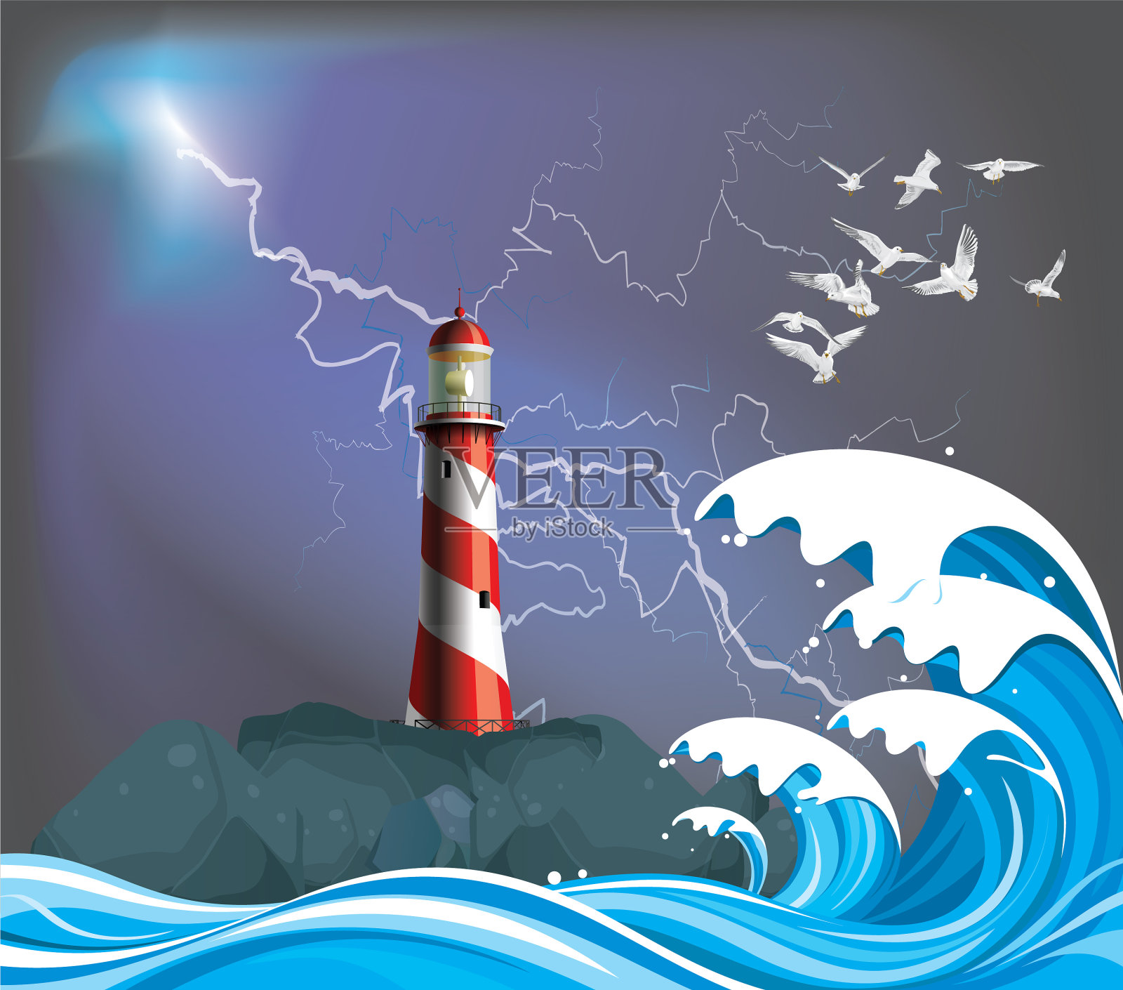 灯塔在岩石露头上插画图片素材