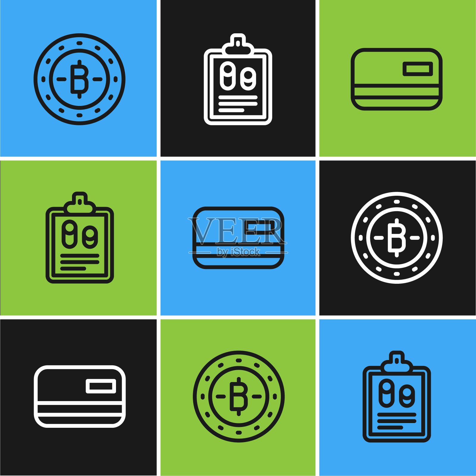 设置线比特币,信用卡和商业财务报告图标。向量插画图片素材