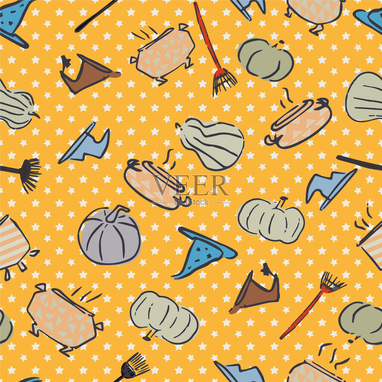 南瓜女巫帽子扫帚坩埚星星万圣节插画图片素材