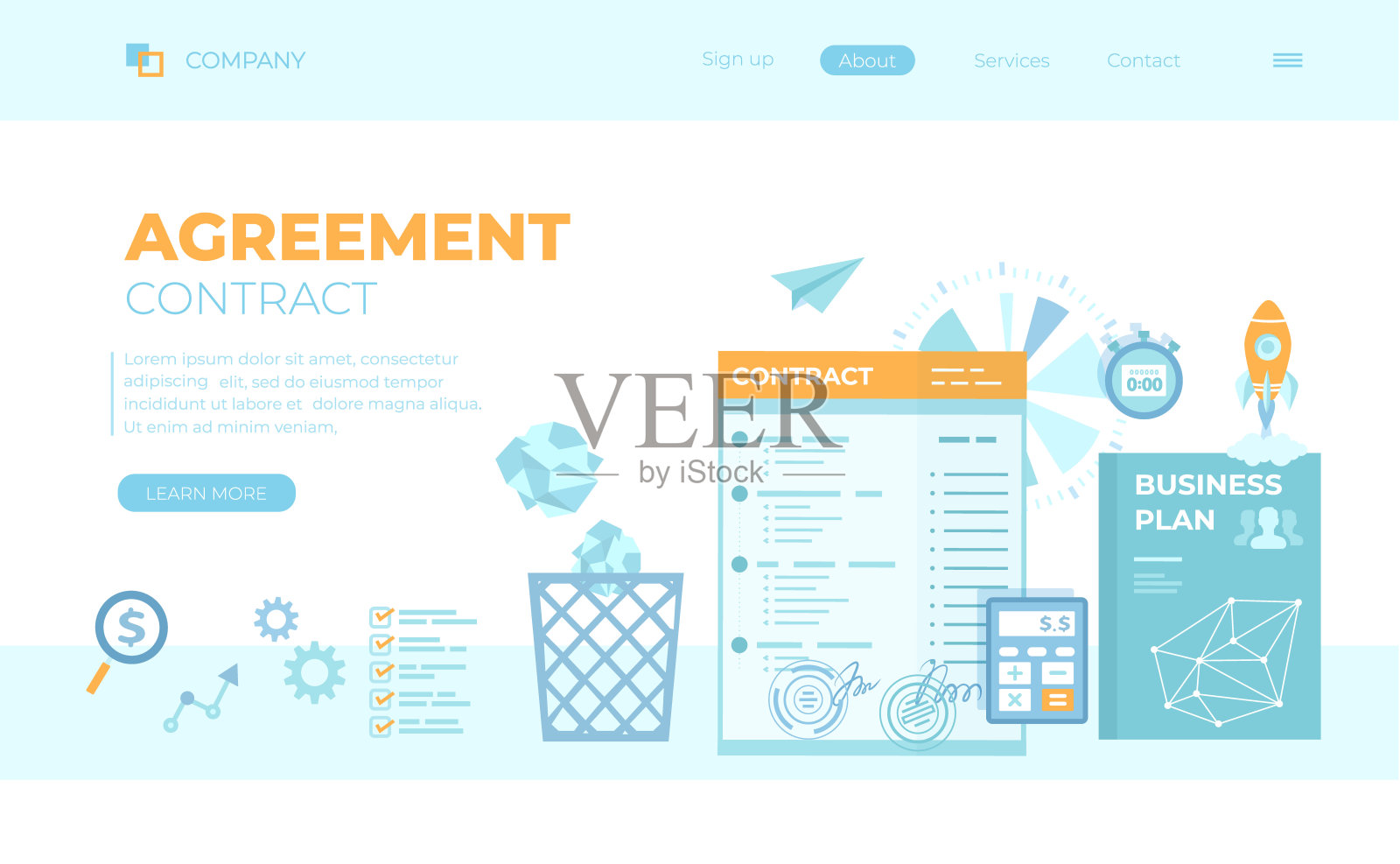 协议,合作,成功交易,合同签署,交易步骤。有签名,盖章的商业文件,商业计划,火箭发射。可用于网页横幅,登陆页,网页模板。插画图片素材