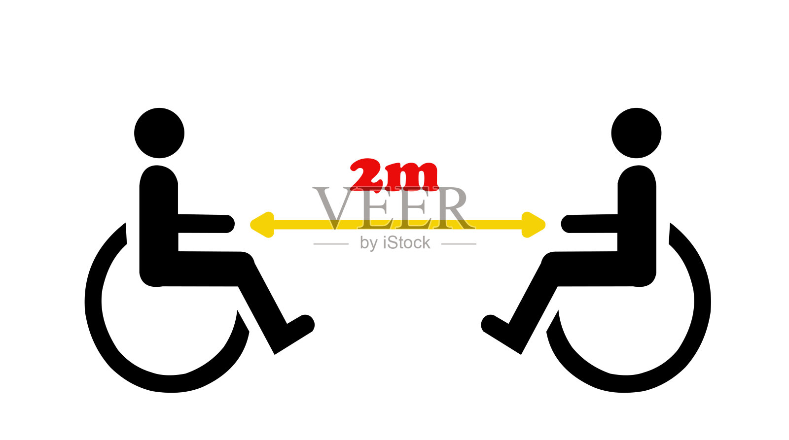 白色背景上一个坐在轮椅上的男人的剪影。残疾的人。轮椅。不能行走的病人。距离2米在冠状病毒大流行期间。矢量图形。插画图片素材